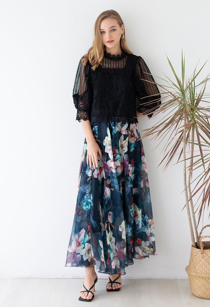 Women Midnight Floral Chiffon Maxi Skirt