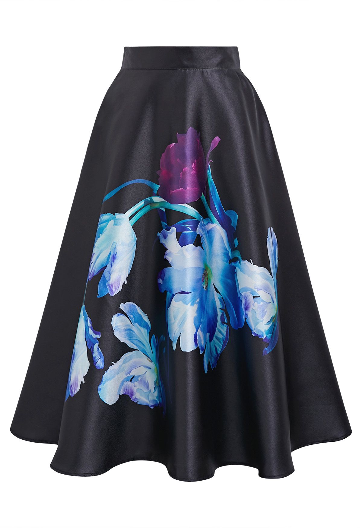Nocturne Bloom High Waist Satin Skirt  Black Base Blue Purple Florals Gloss Finish