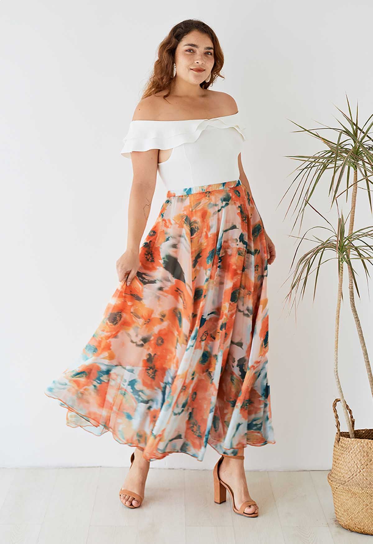 Sunset Canvas Multicolor Floral Print Flared Maxi Skirt