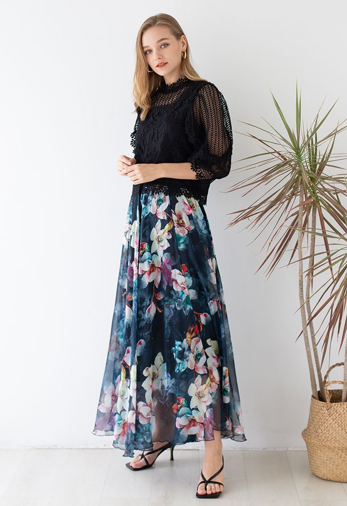 Women Midnight Floral Chiffon Maxi Skirt