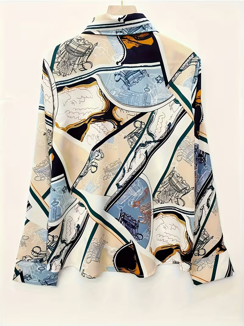 This stylish button-up shirt features a unique blend of abstract