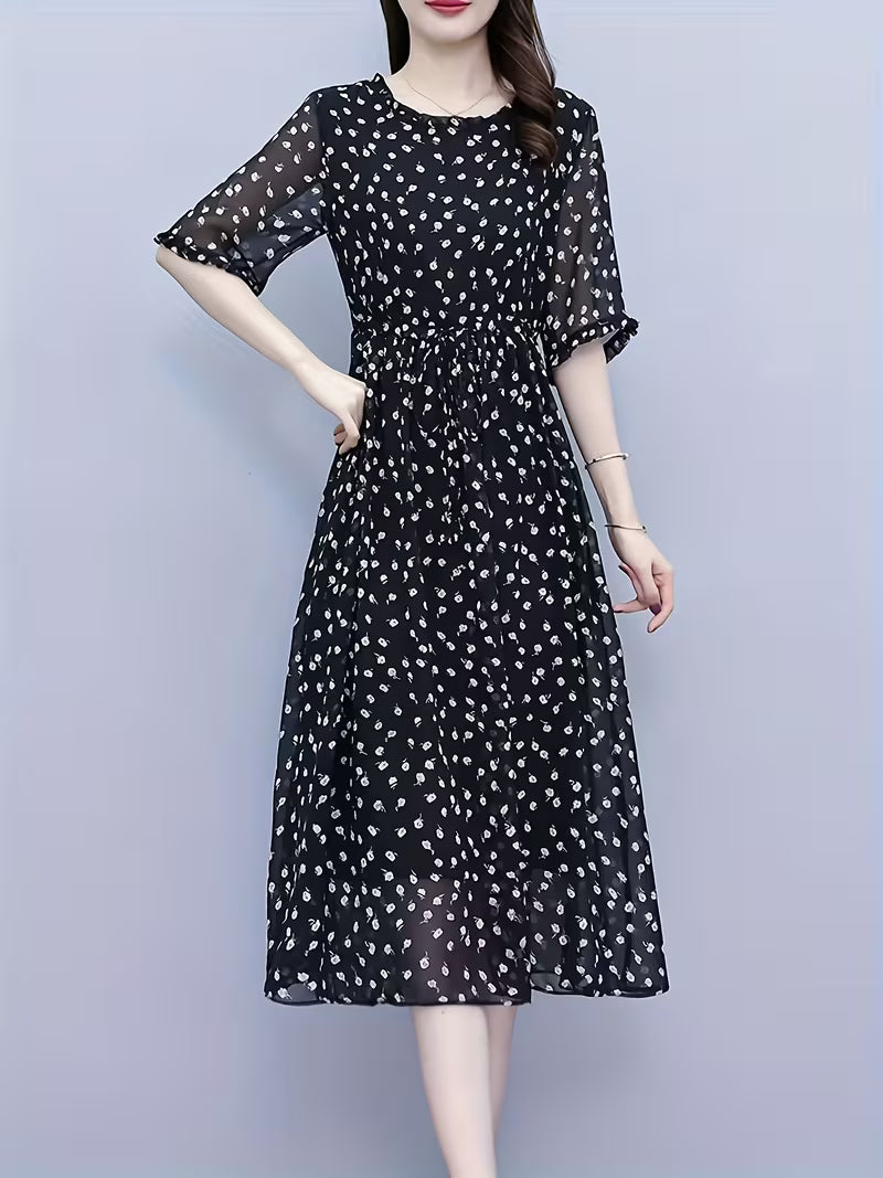 Elegant Black Ditsy Print Midi Dress