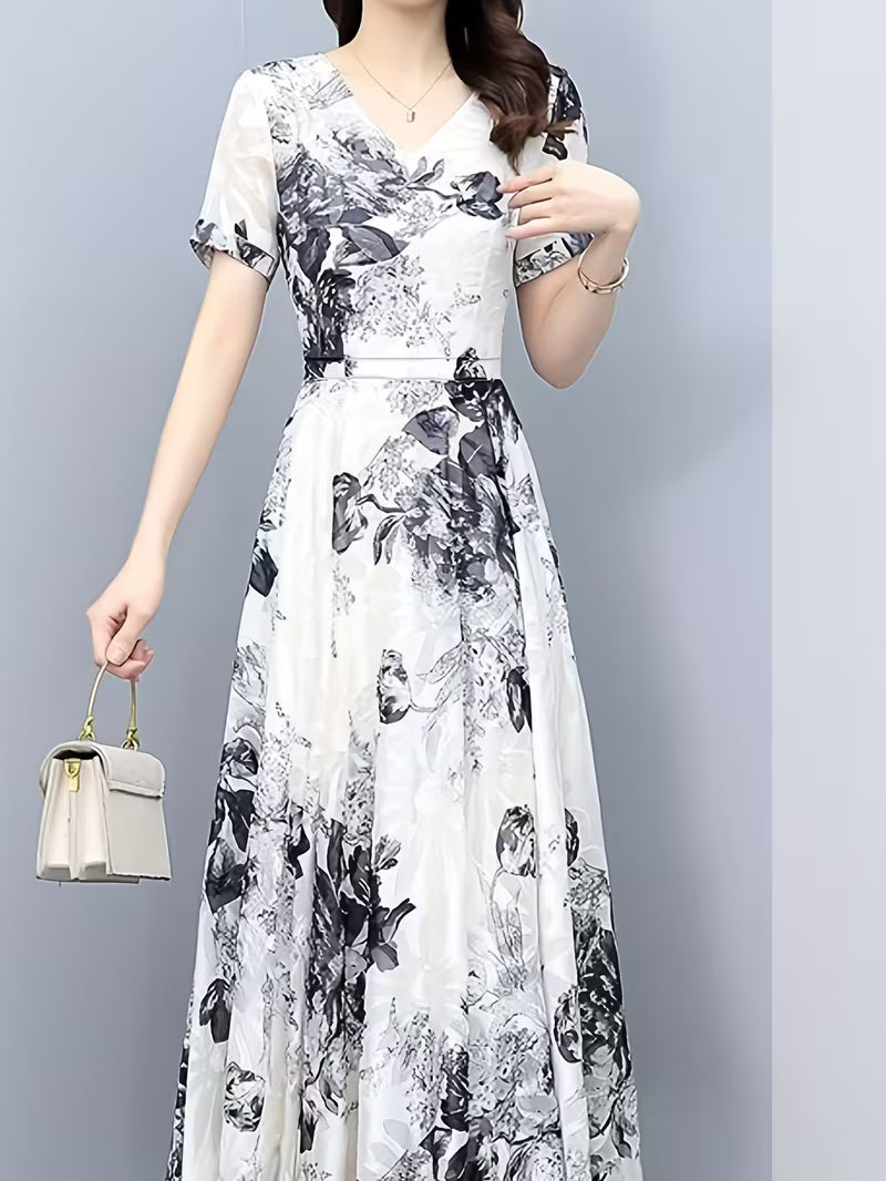 Black & White Ink-Wash Floral Organza Fusion Midi Dress