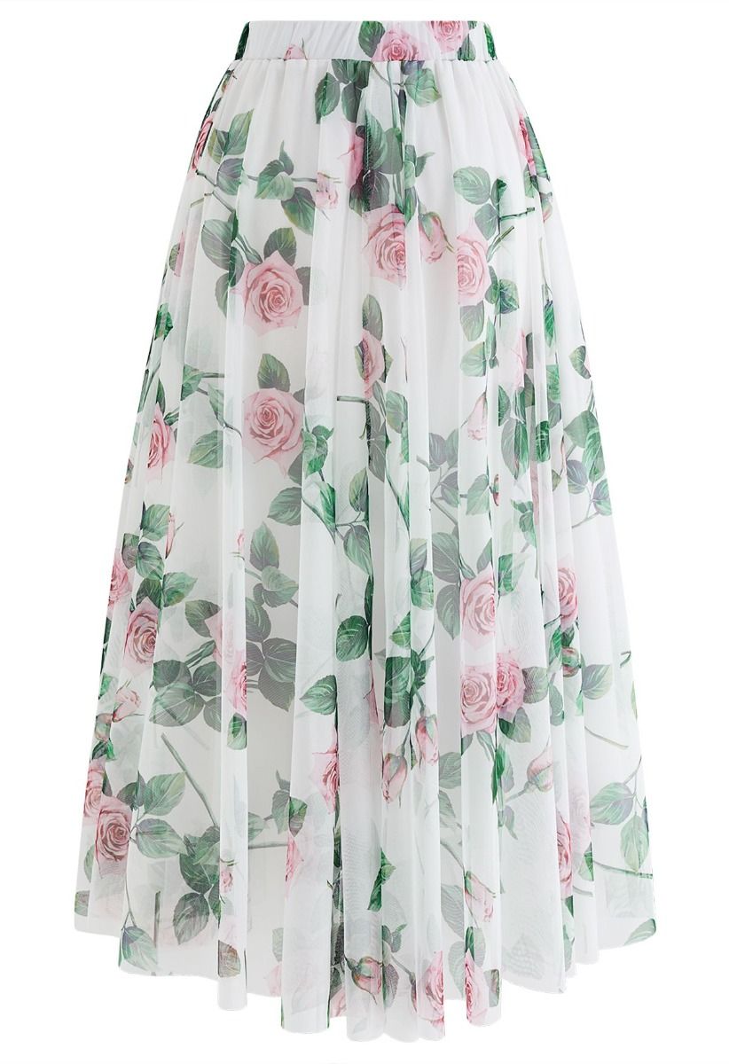 Women Rose Floral Mesh Midi Skirt  High Waist Flared Skirt