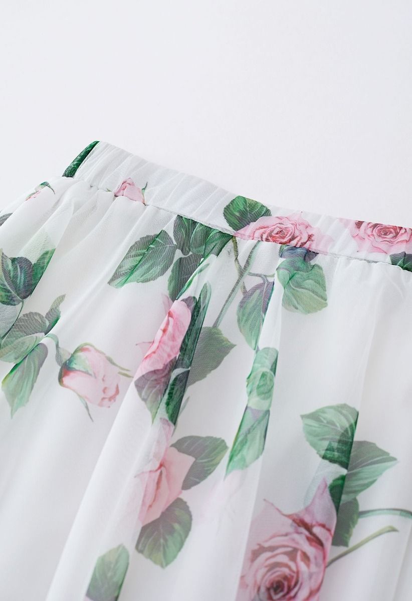 Women Rose Floral Mesh Midi Skirt  High Waist Flared Skirt