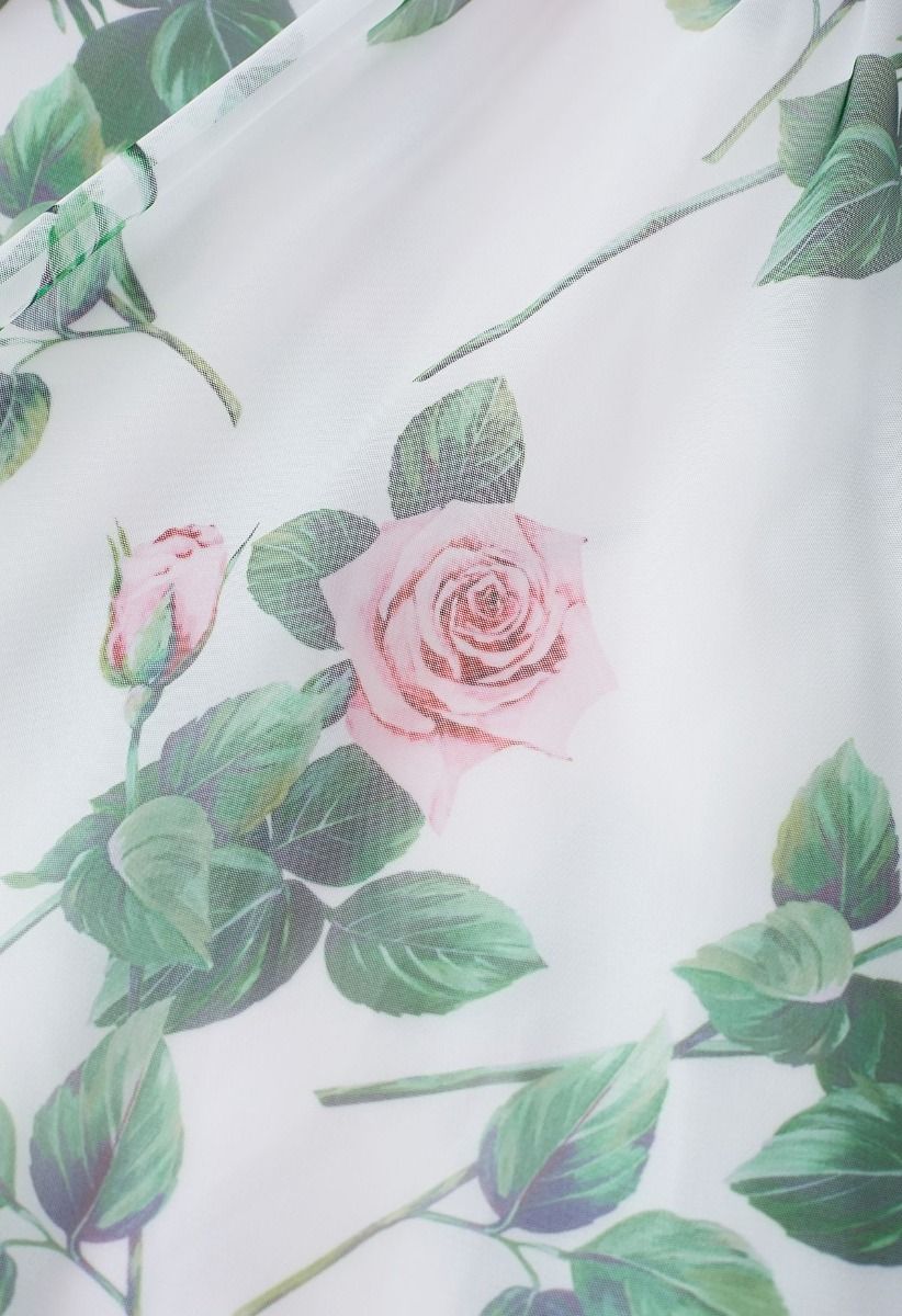 Women Rose Floral Mesh Midi Skirt  High Waist Flared Skirt