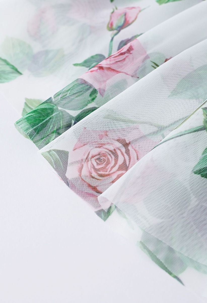 Women Rose Floral Mesh Midi Skirt  High Waist Flared Skirt