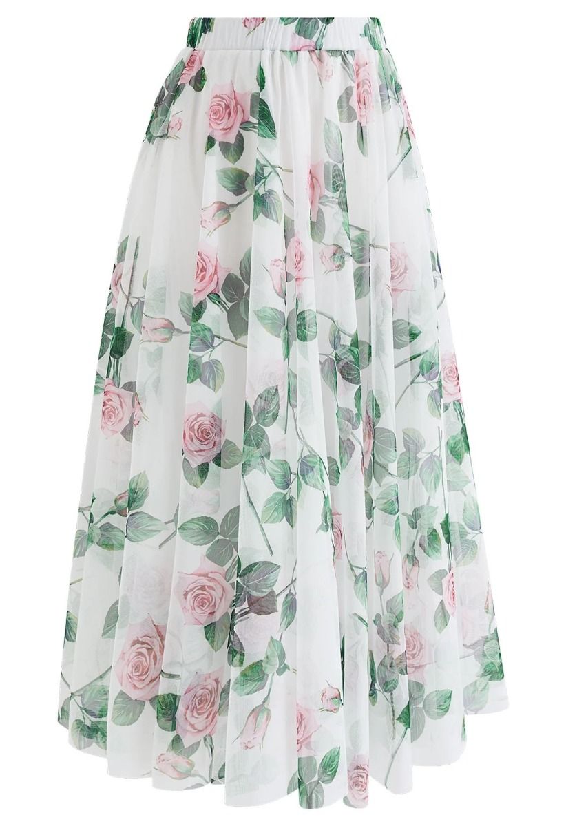 Women Rose Floral Mesh Midi Skirt  High Waist Flared Skirt