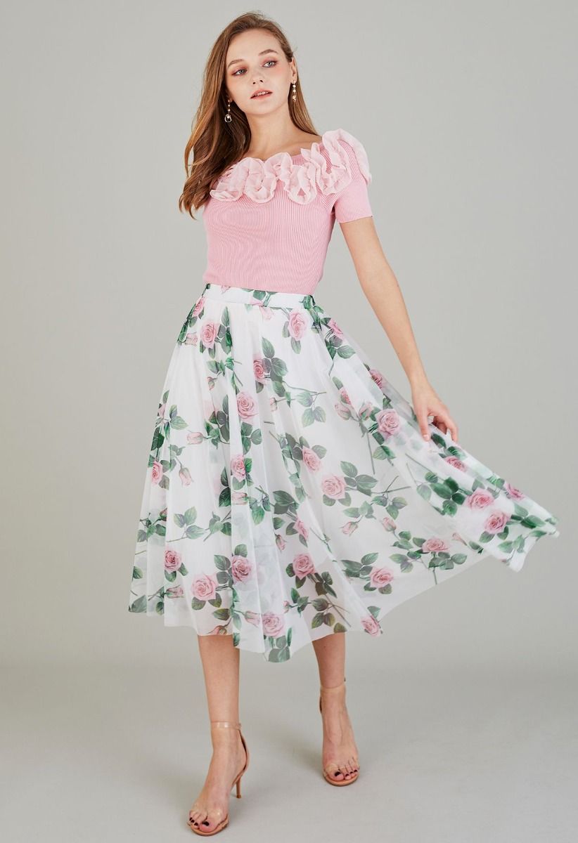 Women Rose Floral Mesh Midi Skirt  High Waist Flared Skirt
