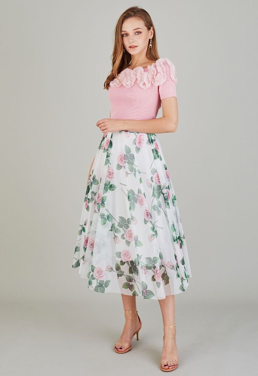 Women Rose Floral Mesh Midi Skirt  High Waist Flared Skirt