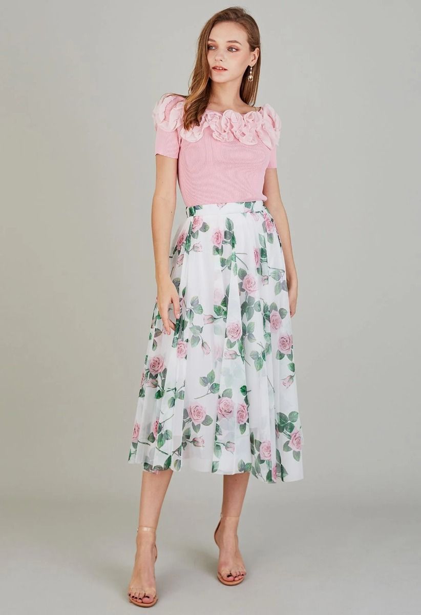Women Rose Floral Mesh Midi Skirt  High Waist Flared Skirt
