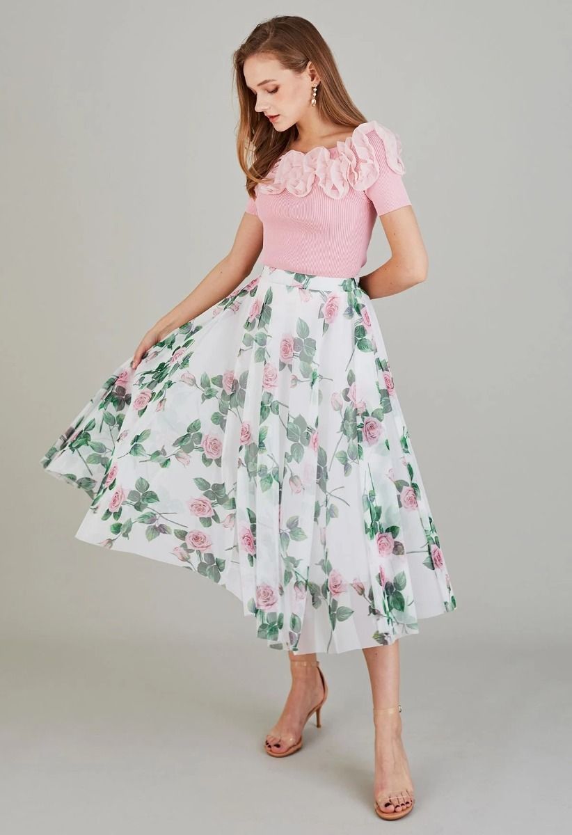 Women Rose Floral Mesh Midi Skirt  High Waist Flared Skirt