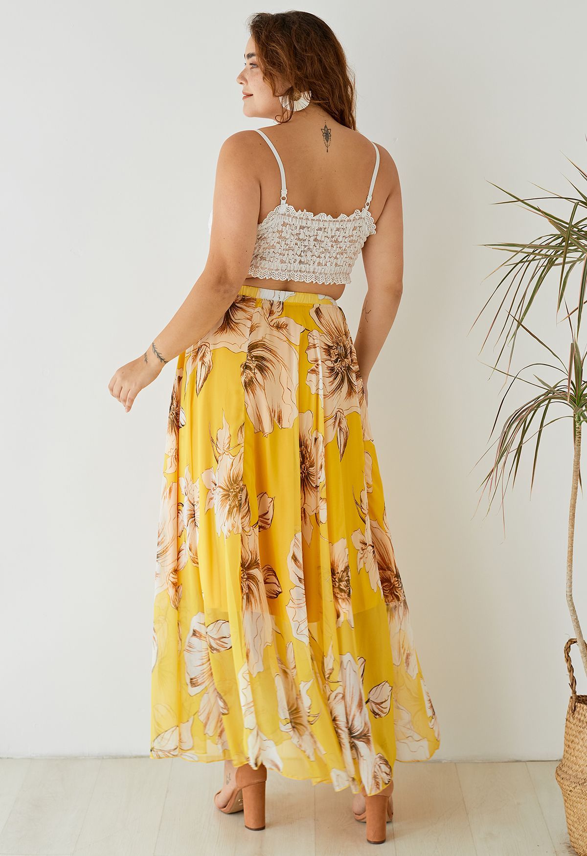 Yellow Floral Printed Chiffon Maxi Skirt