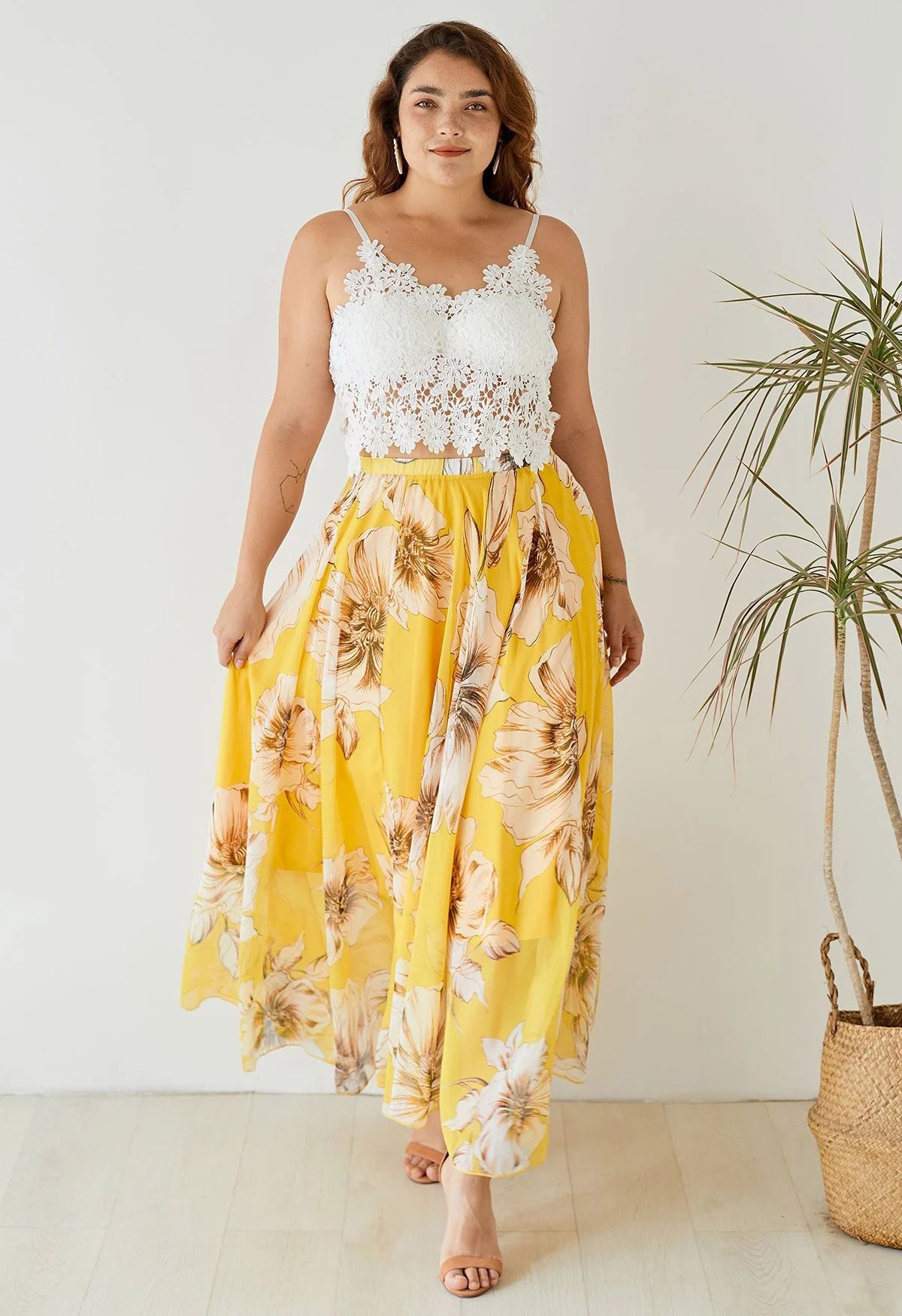 Yellow Floral Printed Chiffon Maxi Skirt
