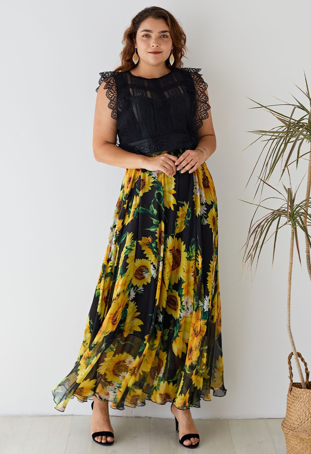 Golden Sunflower Bloom Chiffon Maxi Skirt
