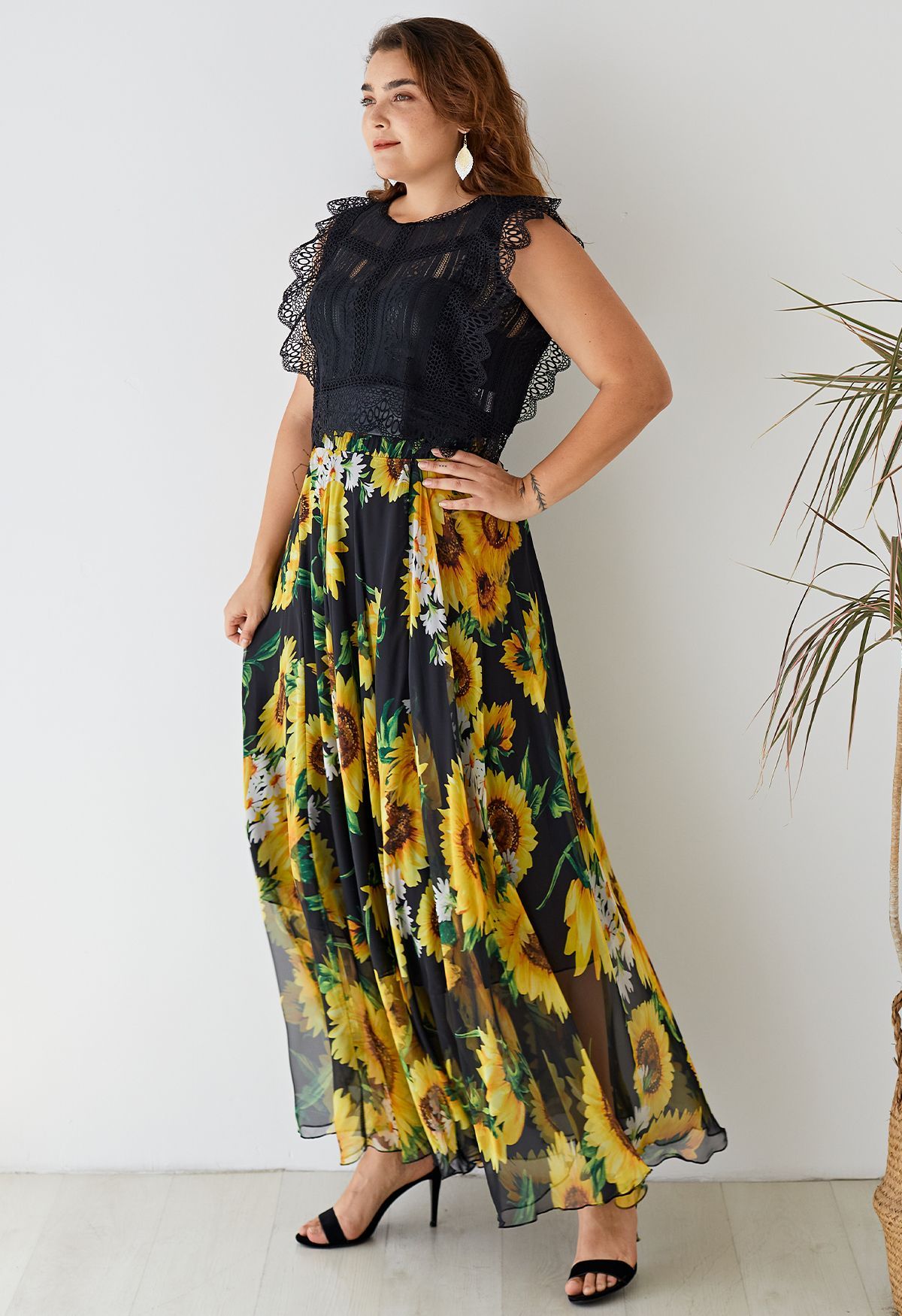 Golden Sunflower Bloom Chiffon Maxi Skirt