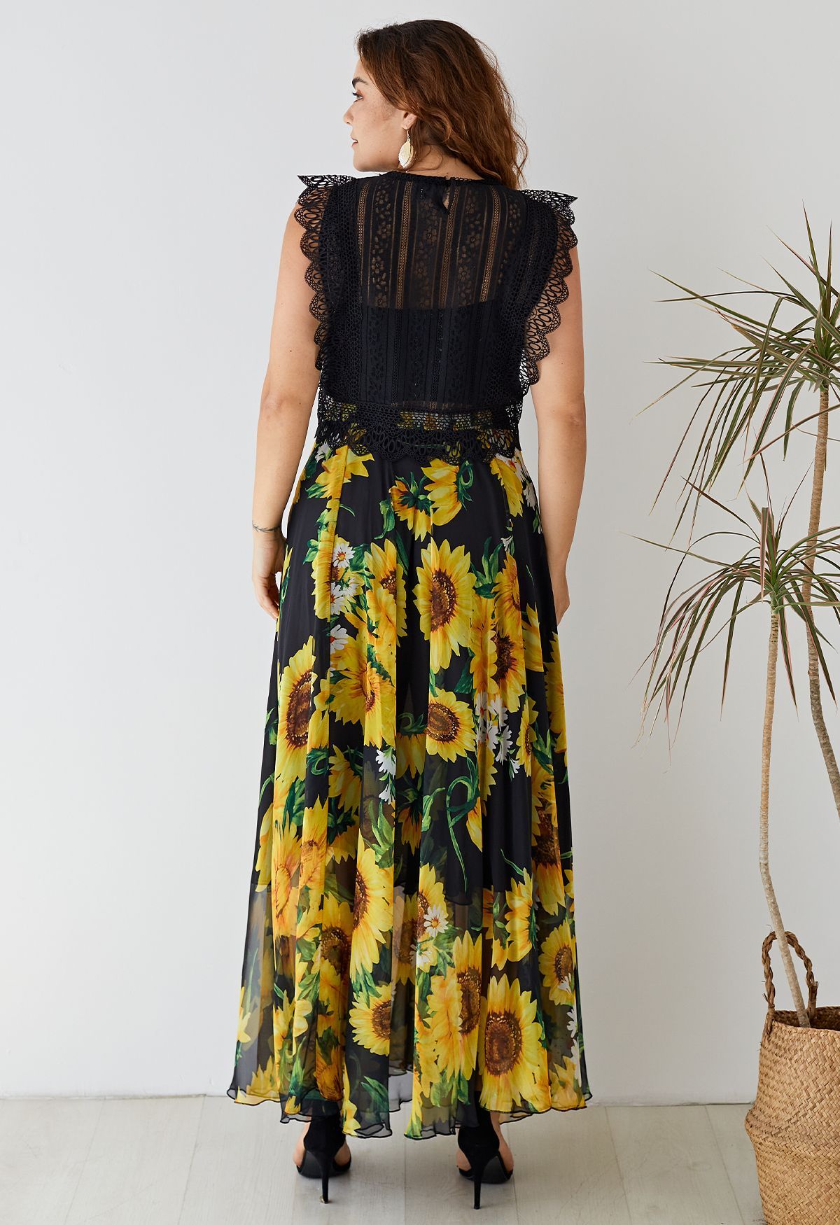 Golden Sunflower Bloom Chiffon Maxi Skirt