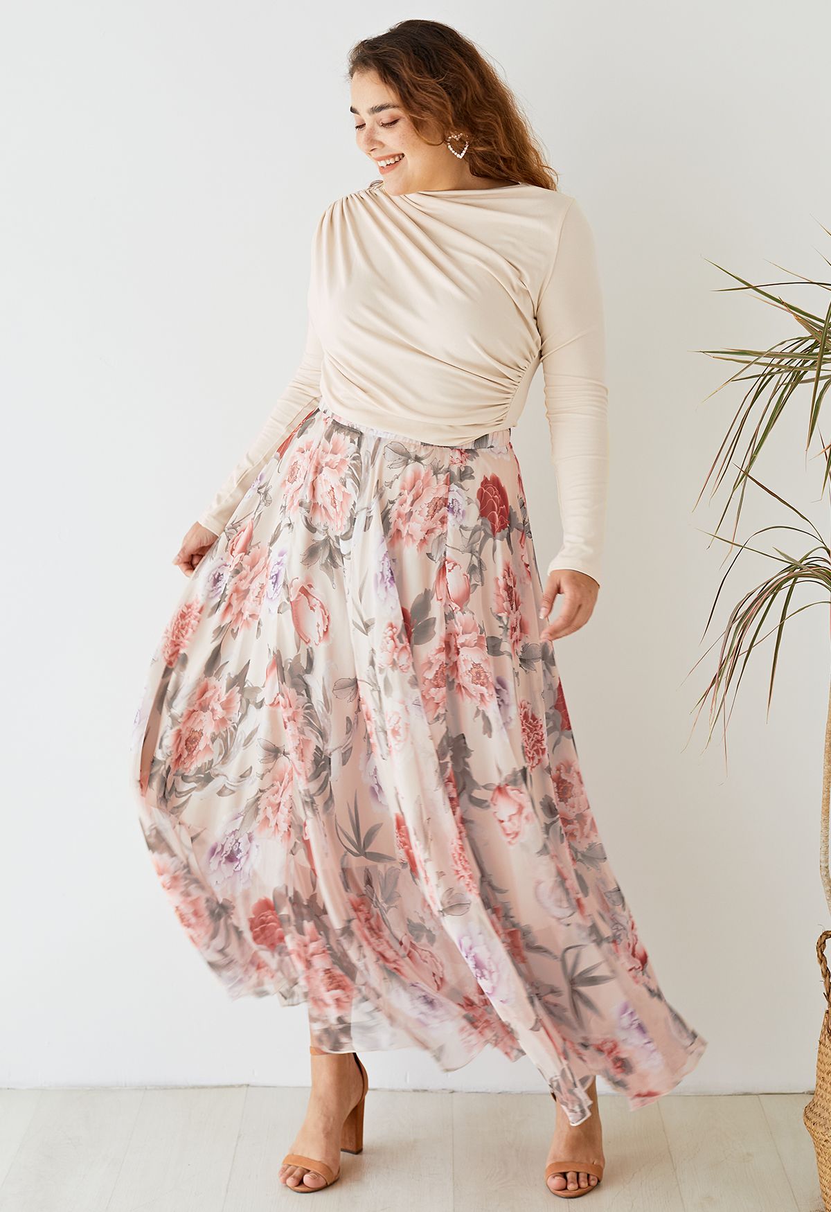 Ivory Rose Garden Printed Chiffon Maxi Skirt for Women  Lightweight Breathable Fabric with Graceful Movement