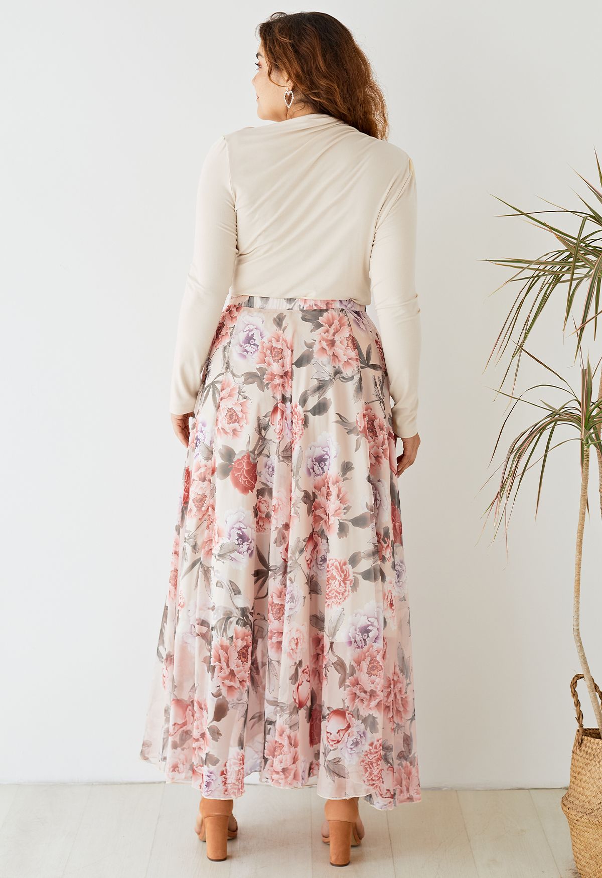 Ivory Rose Garden Printed Chiffon Maxi Skirt for Women  Lightweight Breathable Fabric with Graceful Movement