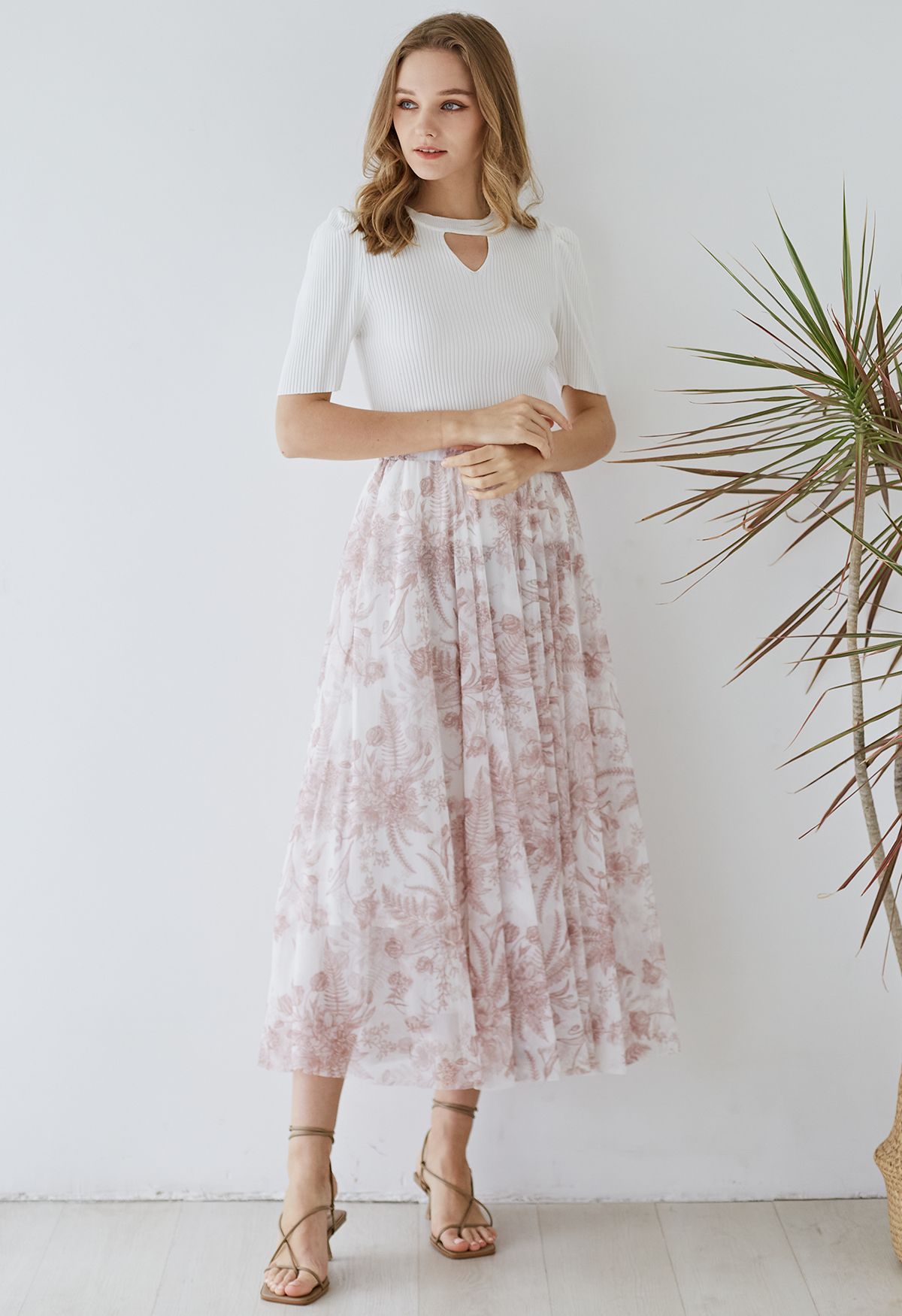 Romantic High Waist Floral Print Chiffon Maxi Skirt with Elastic Waist
