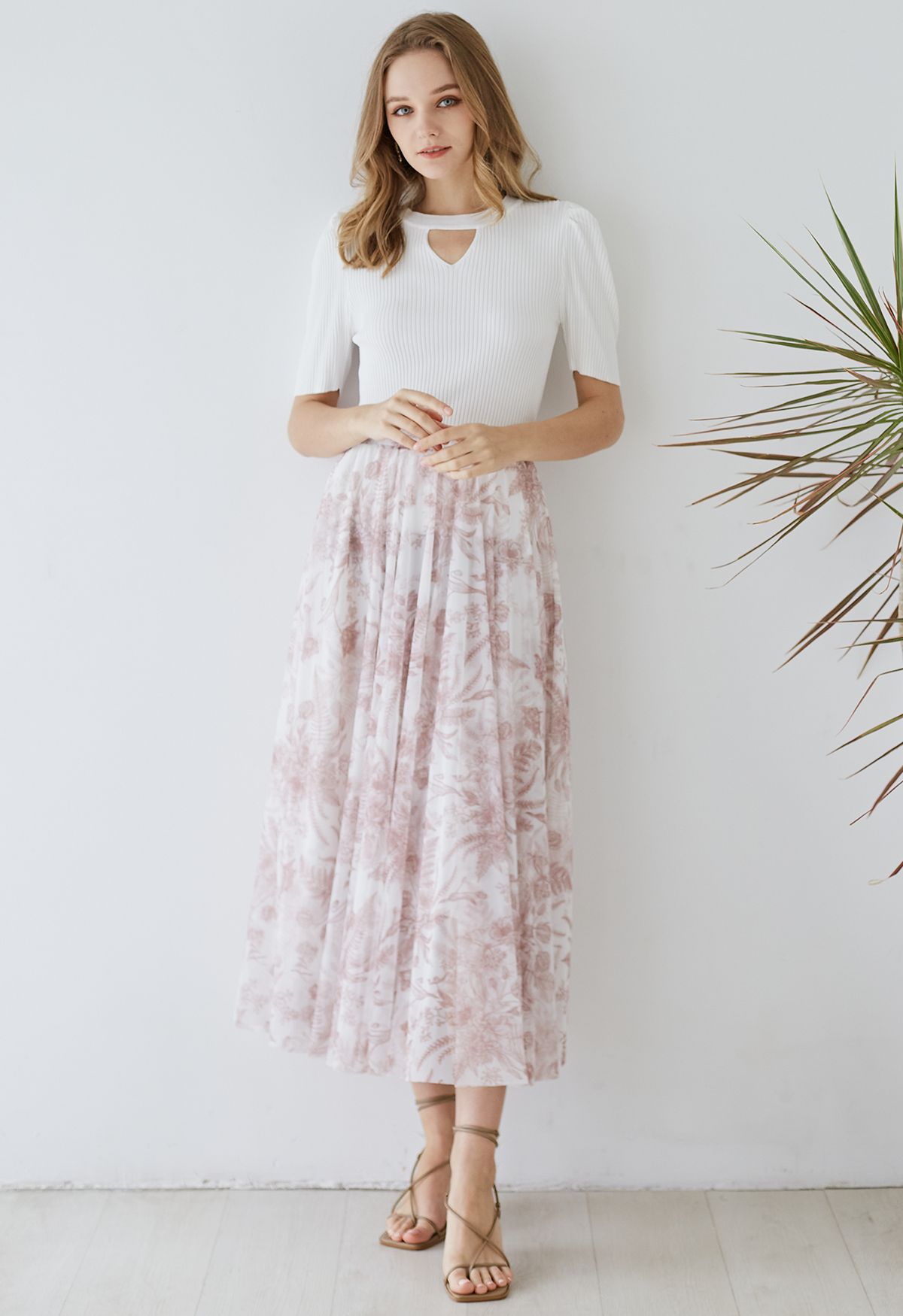 Romantic High Waist Floral Print Chiffon Maxi Skirt with Elastic Waist