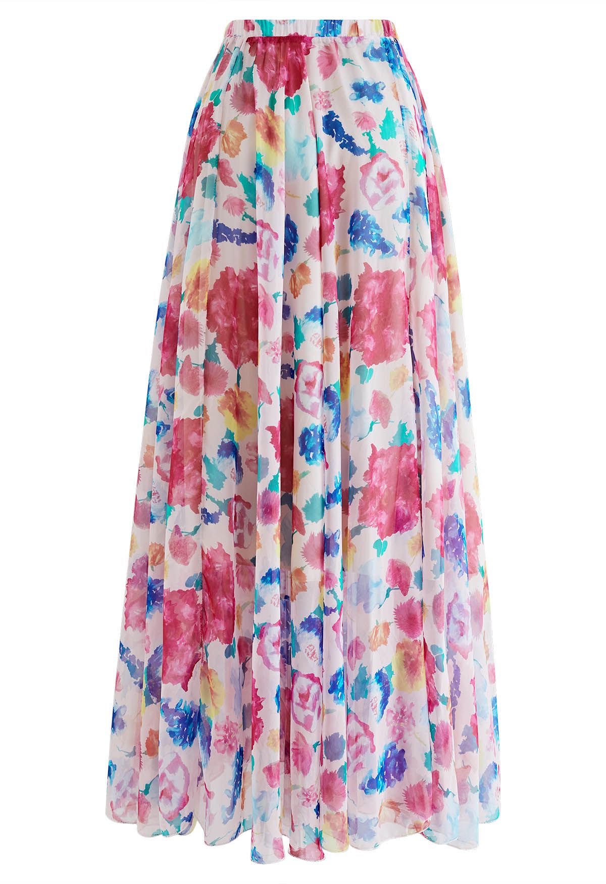 Pastel Bloom Watercolor Maxi Skirt