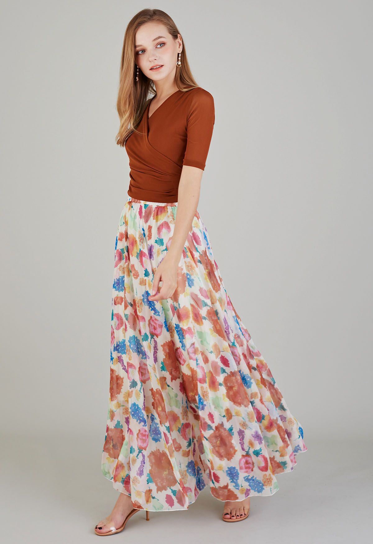 Women Pastel Bloom Artistry Maxi Skirt lightweight Airy and Flowing with Soft Draped Fabric for Chic and Comfortable Styling