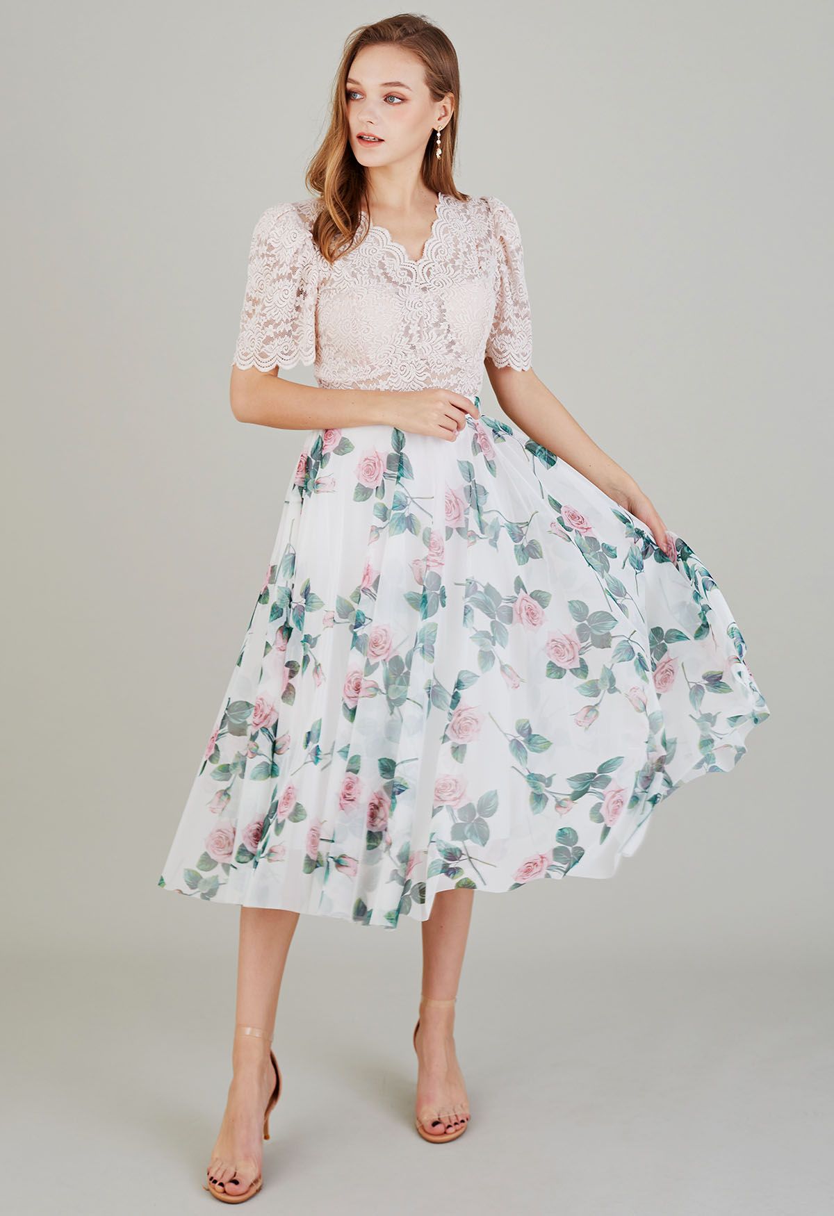Women Rose Floral Mesh Midi Skirt  High Waist Flared Skirt
