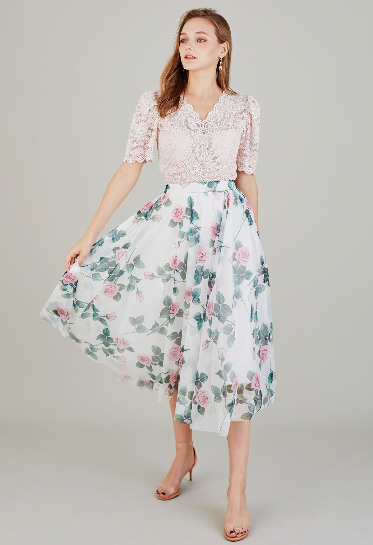 Women Rose Floral Mesh Midi Skirt  High Waist Flared Skirt