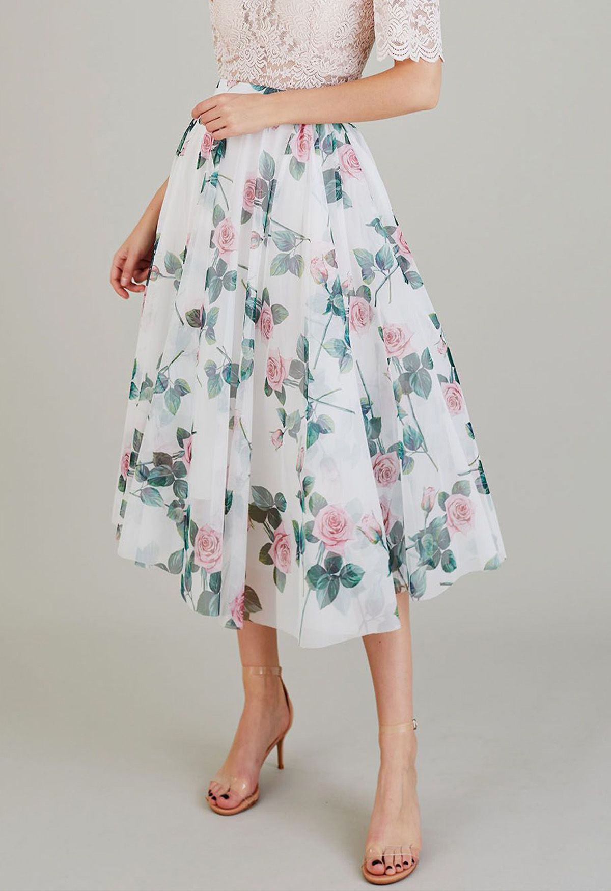 Women Rose Floral Mesh Midi Skirt  High Waist Flared Skirt