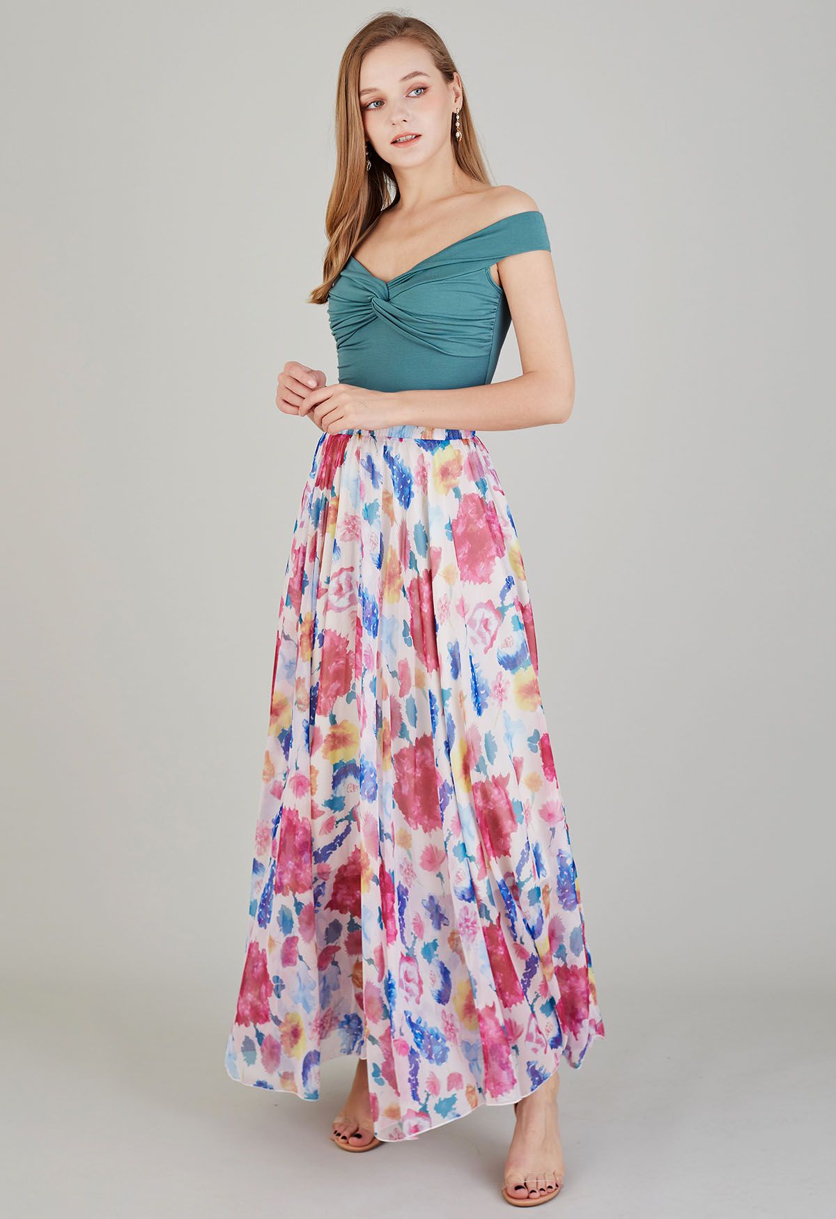 Pastel Bloom Watercolor Maxi Skirt