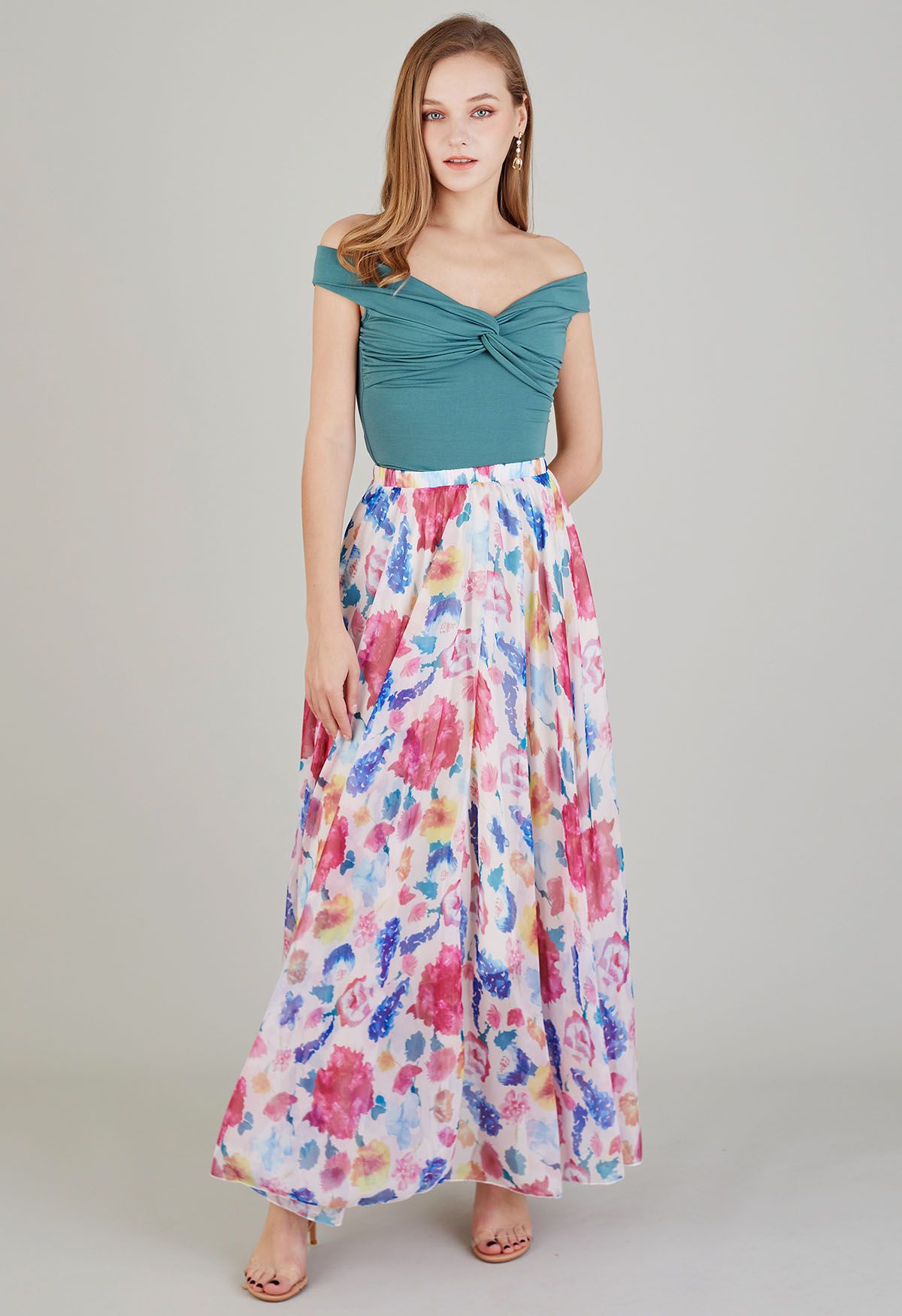 Pastel Bloom Watercolor Maxi Skirt