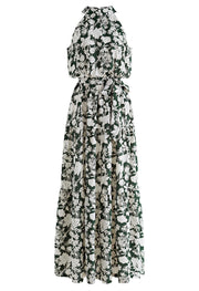 Emerald Bloom Floral Poly Chiffon Halter Neck Tiered Maxi Dress with Elasticated Waist & Flowing Silhouette  Lightweight Summer Resort Wear Dress