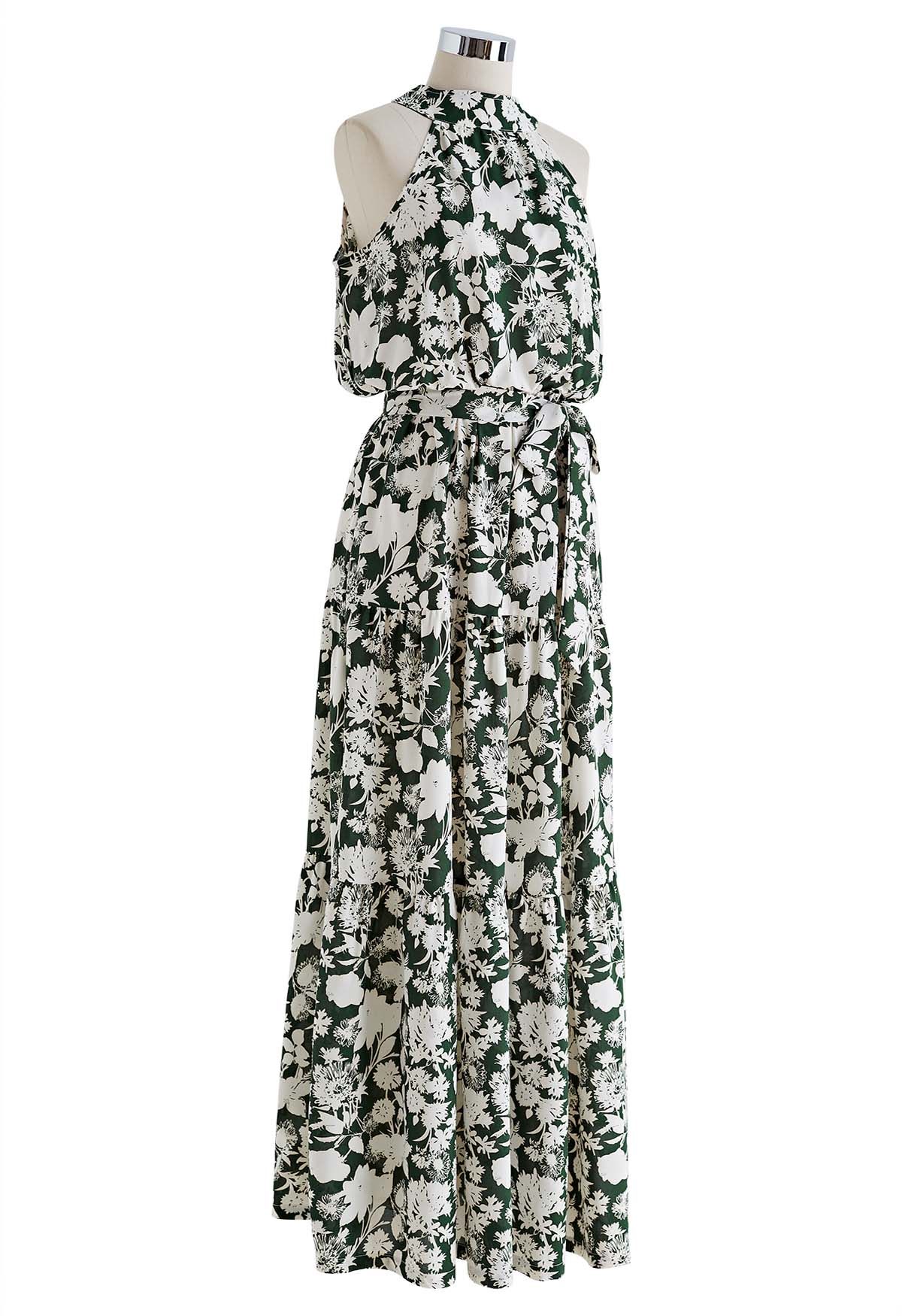 Emerald Bloom Floral Poly Chiffon Halter Neck Tiered Maxi Dress with Elasticated Waist & Flowing Silhouette  Lightweight Summer Resort Wear Dress