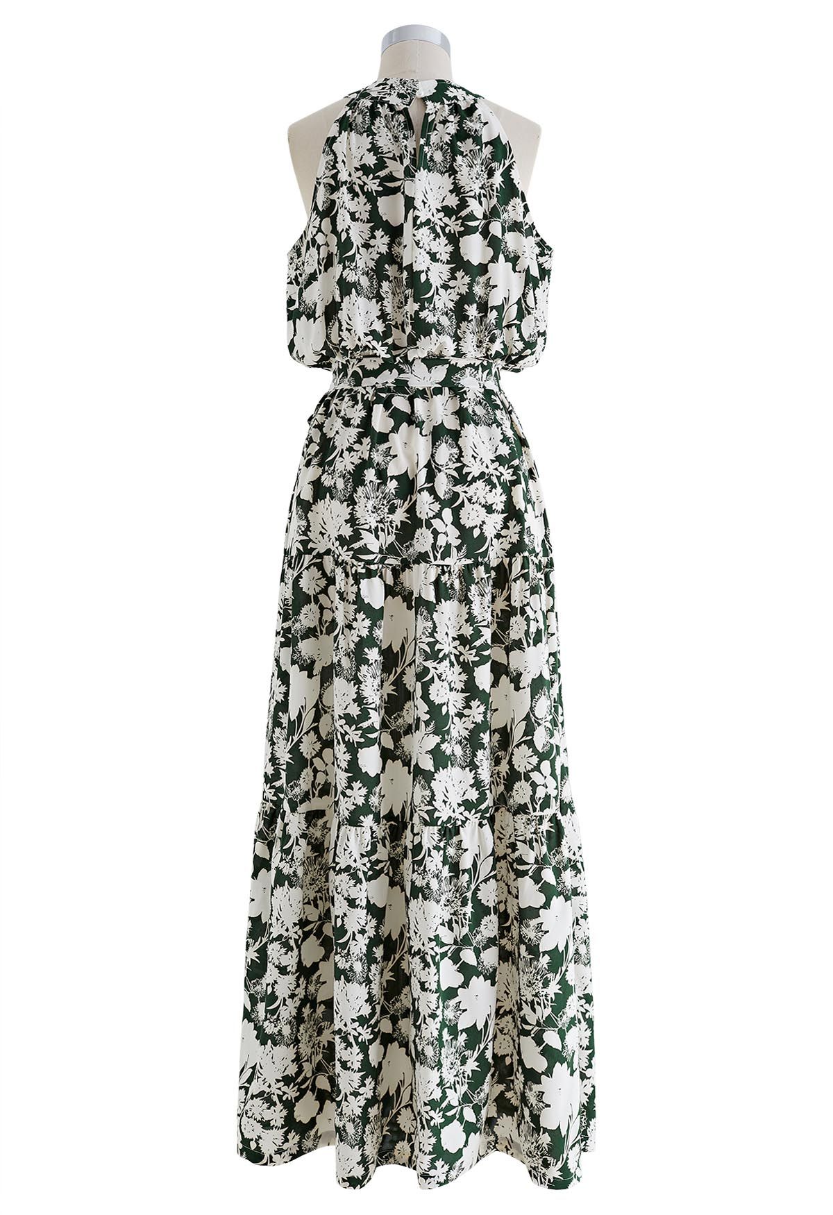 Emerald Bloom Floral Poly Chiffon Halter Neck Tiered Maxi Dress with Elasticated Waist & Flowing Silhouette  Lightweight Summer Resort Wear Dress