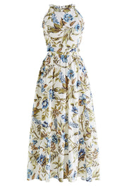 Ivory Blue Botanical Halter Neck Sleeveless Floral Dress for Elegant Day & Evening Wear