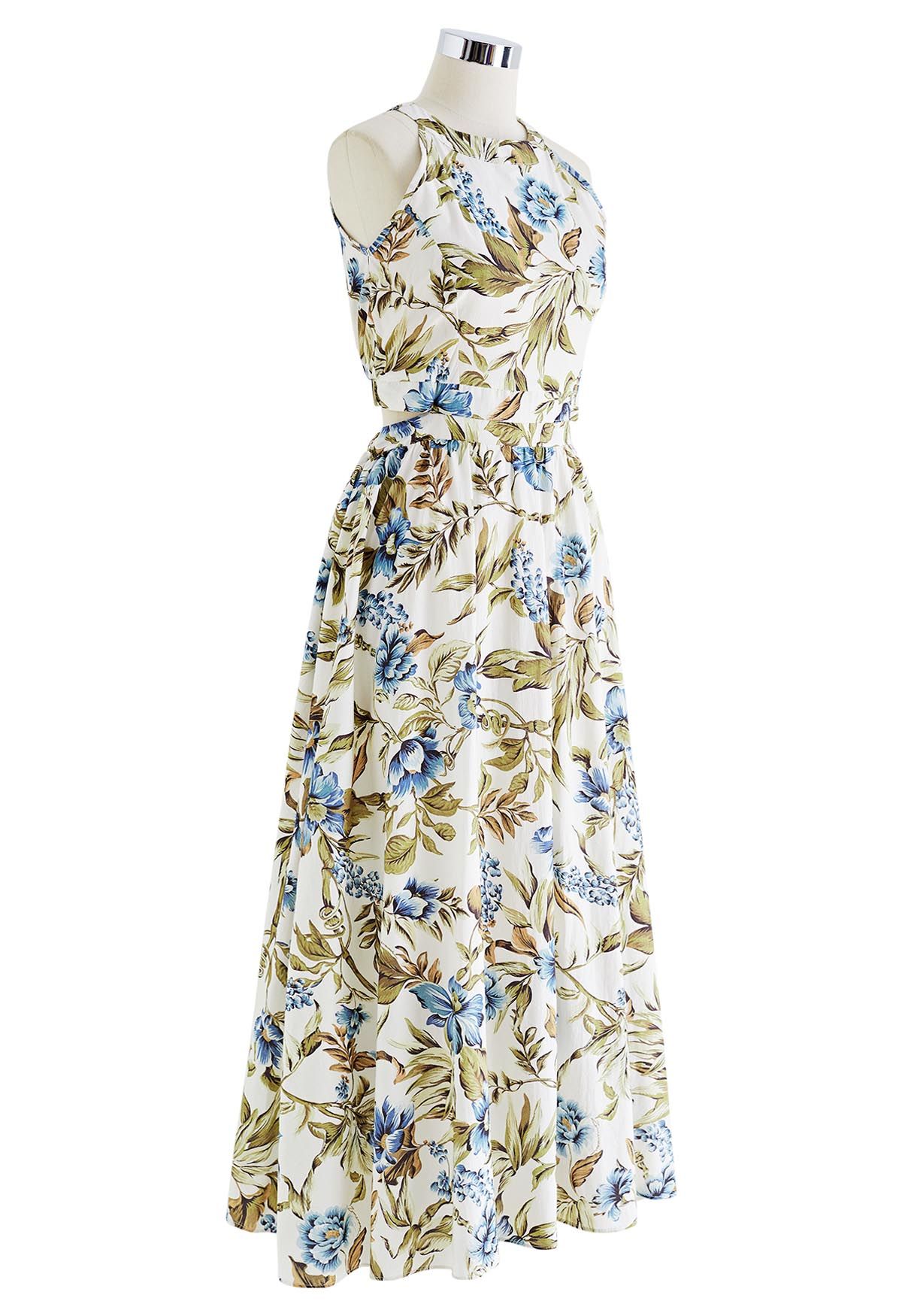 Ivory Blue Botanical Halter Neck Sleeveless Floral Dress for Elegant Day & Evening Wear