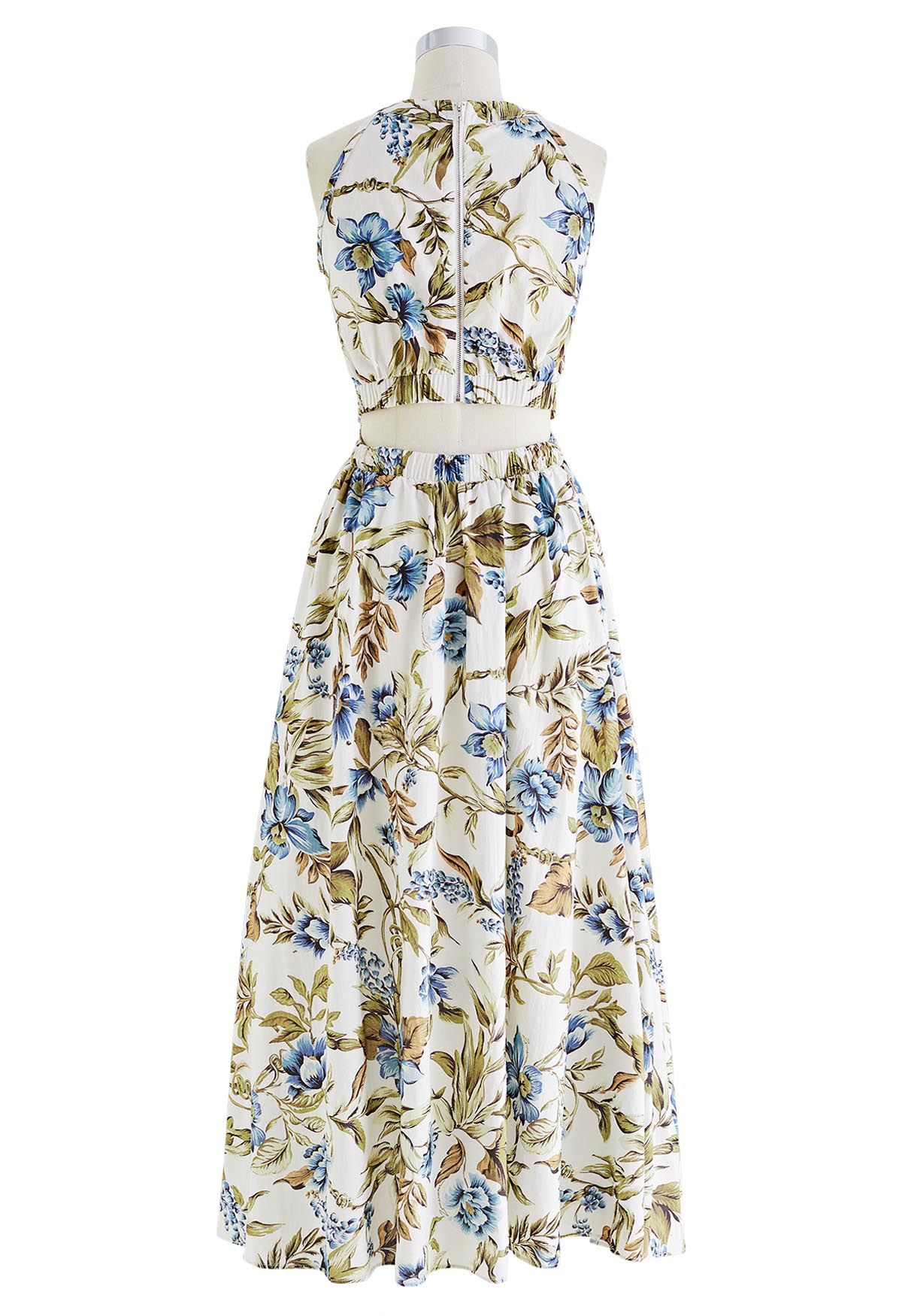 Ivory Blue Botanical Halter Neck Sleeveless Floral Dress for Elegant Day & Evening Wear