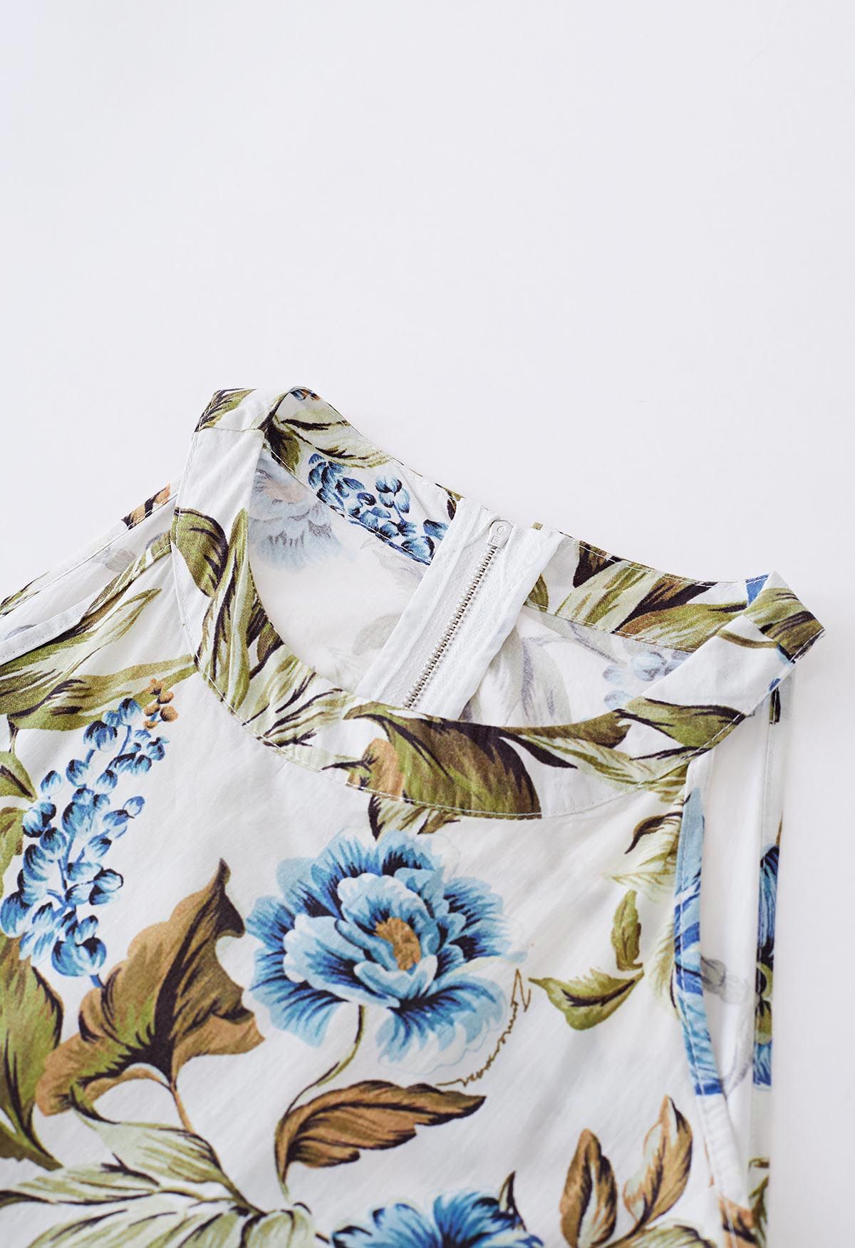Ivory Blue Botanical Halter Neck Sleeveless Floral Dress for Elegant Day & Evening Wear