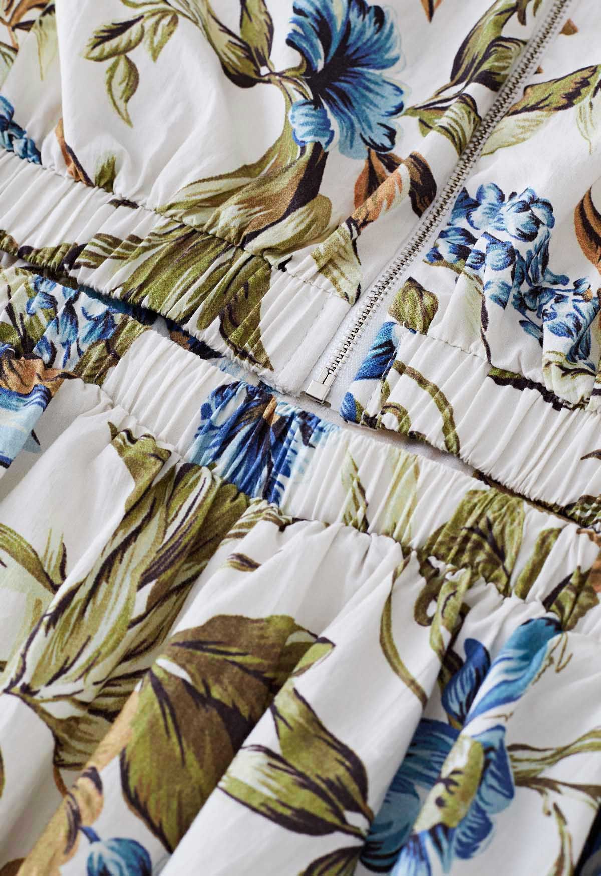 Ivory Blue Botanical Halter Neck Sleeveless Floral Dress for Elegant Day & Evening Wear