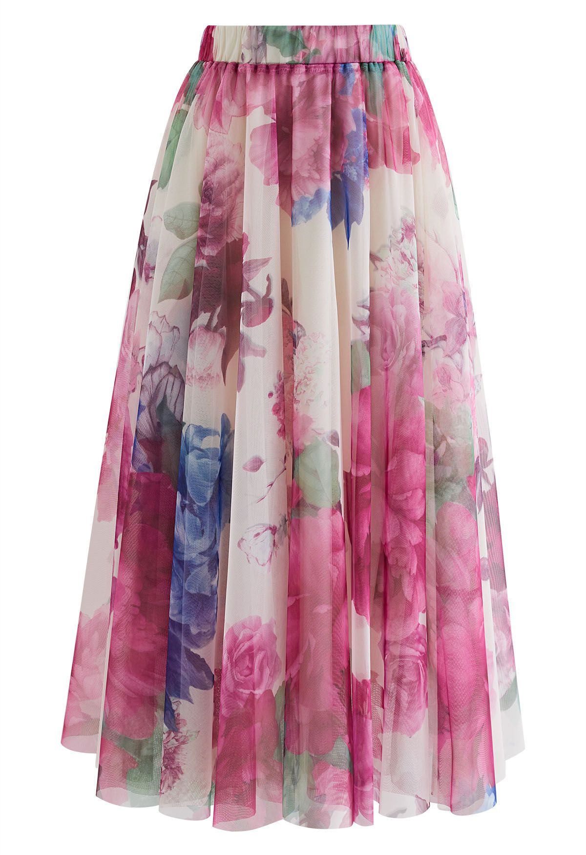 Luxury Women’s Multicolor Floral Print Mesh Midi Skirt with High Waist Elastic Band Soft Sheer Overlay and Elegant A Line Flow for Party Casual & Occasion Wear