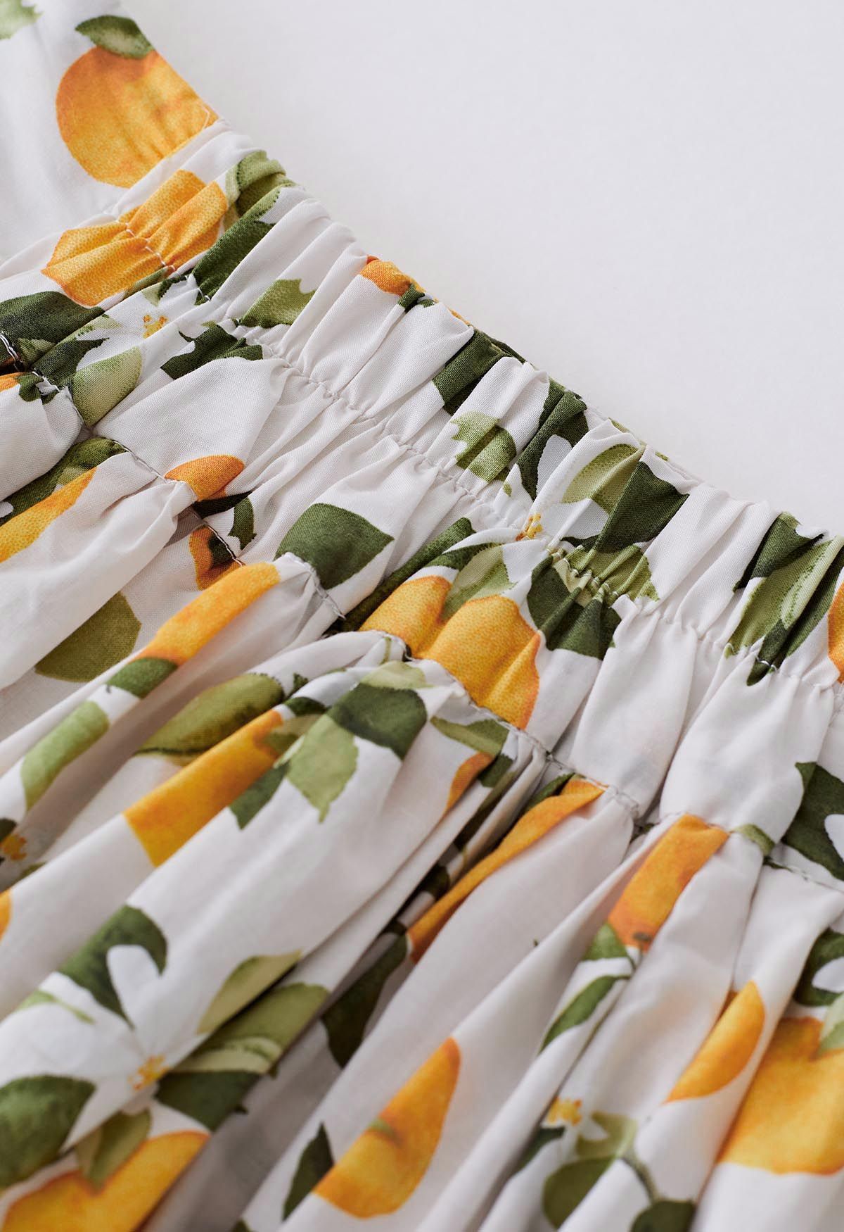 Women Citrus Bloom Ivory Lemon Floral Printed Maxi Skirt