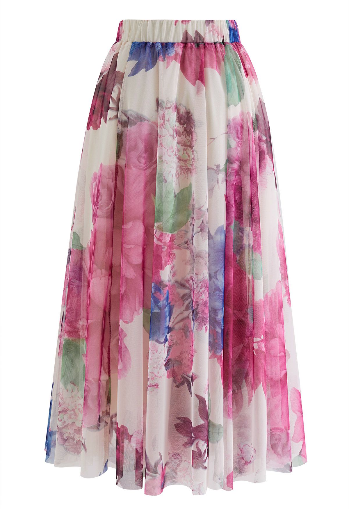 Luxury Women’s Multicolor Floral Print Mesh Midi Skirt with High Waist Elastic Band Soft Sheer Overlay and Elegant A Line Flow for Party Casual & Occasion Wear