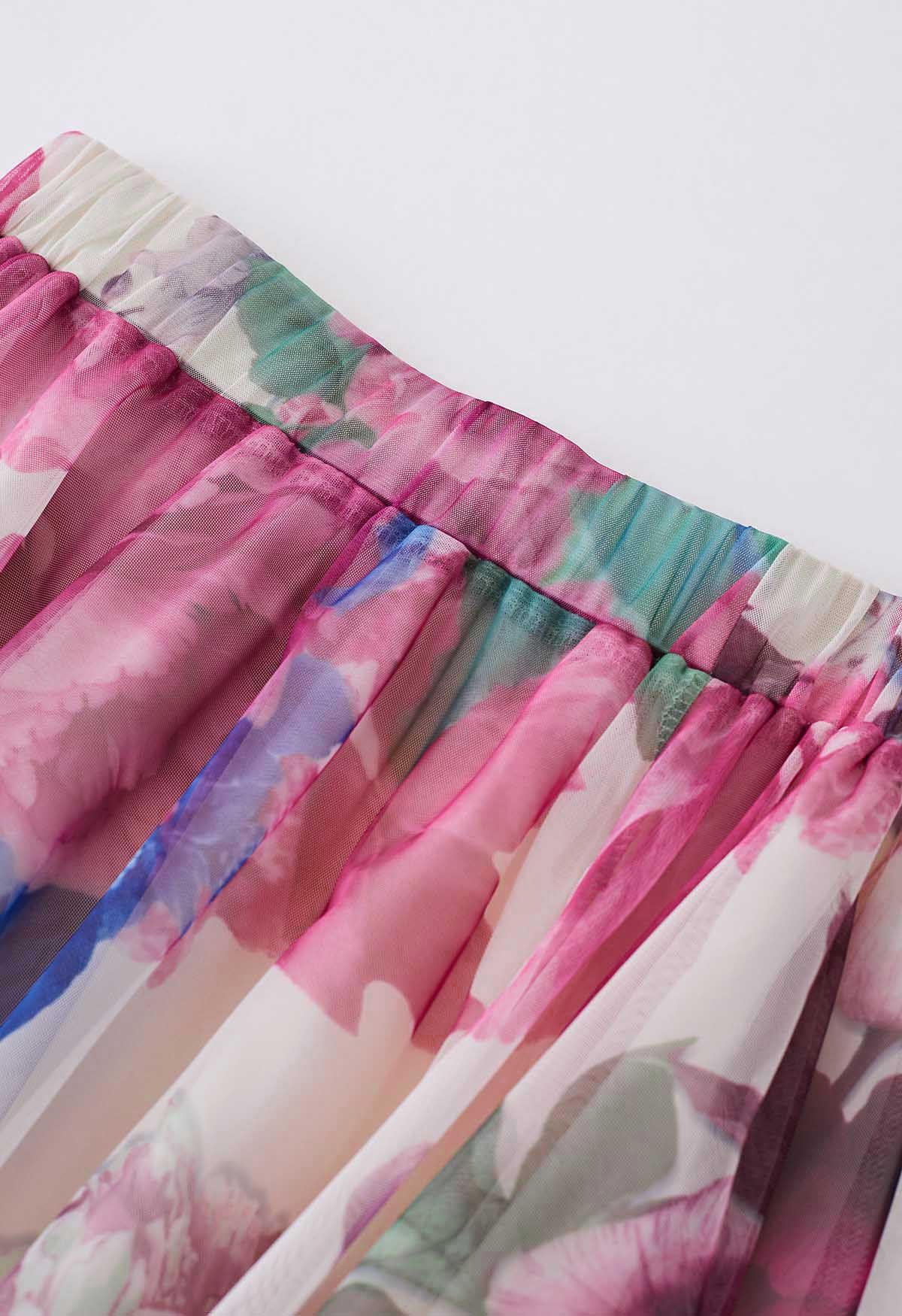 Luxury Women’s Multicolor Floral Print Mesh Midi Skirt with High Waist Elastic Band Soft Sheer Overlay and Elegant A Line Flow for Party Casual & Occasion Wear