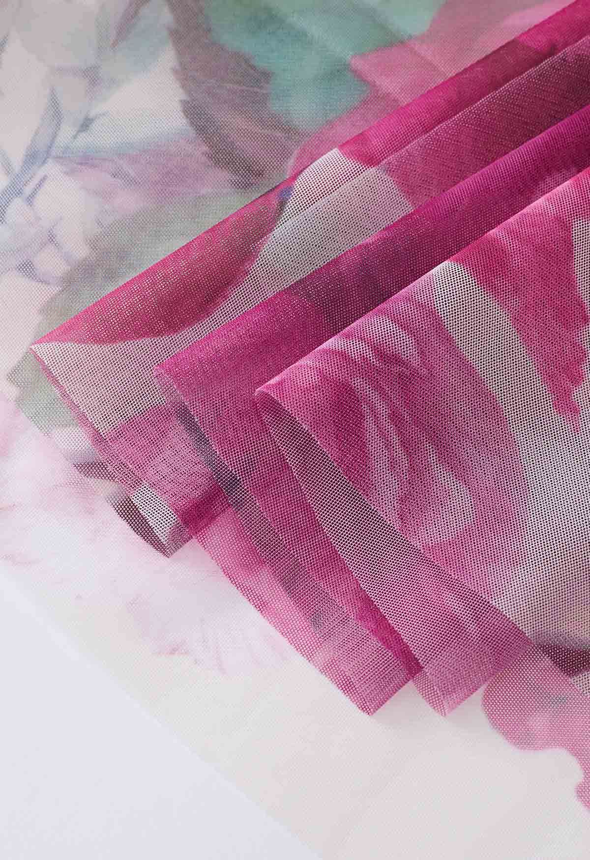 Luxury Women’s Multicolor Floral Print Mesh Midi Skirt with High Waist Elastic Band Soft Sheer Overlay and Elegant A Line Flow for Party Casual & Occasion Wear