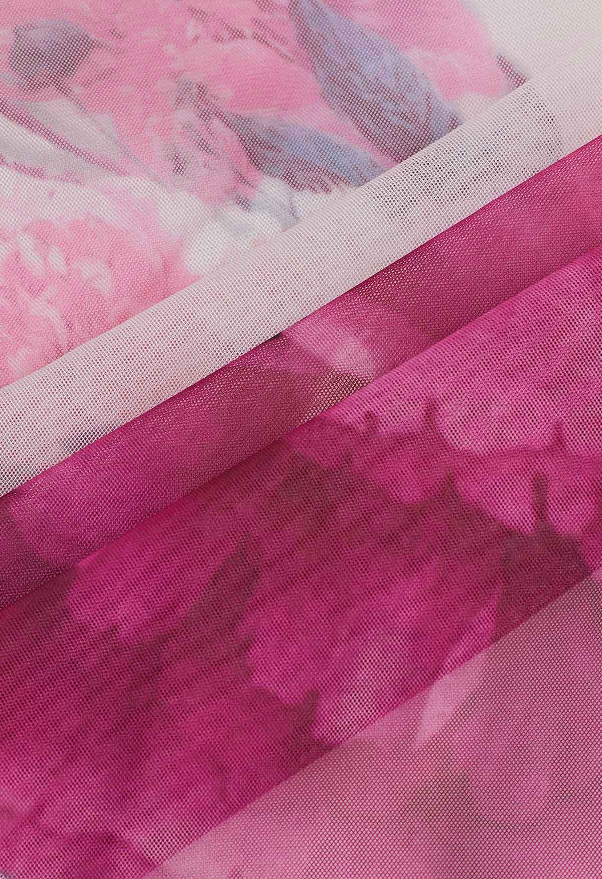 Luxury Women’s Multicolor Floral Print Mesh Midi Skirt with High Waist Elastic Band Soft Sheer Overlay and Elegant A Line Flow for Party Casual & Occasion Wear