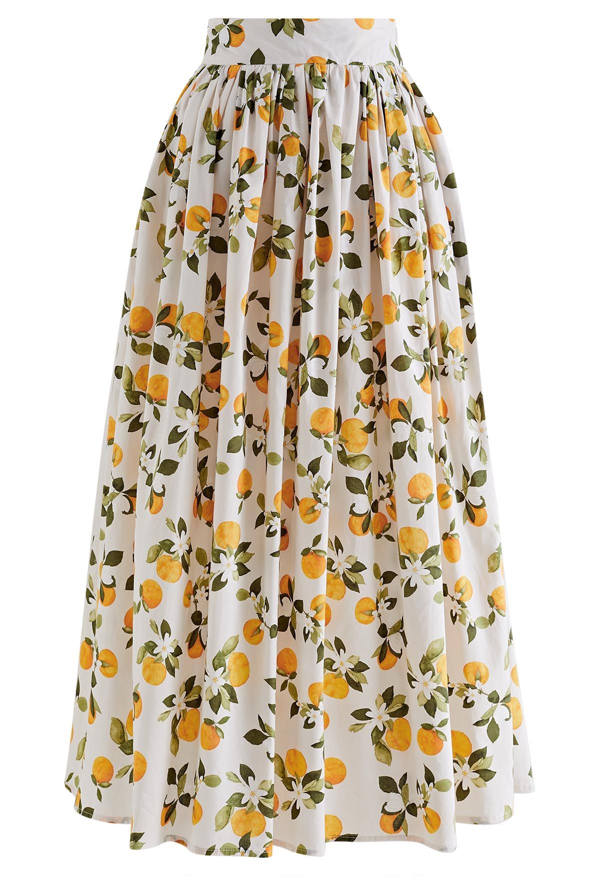 Women Citrus Bloom Ivory Lemon Floral Printed Maxi Skirt
