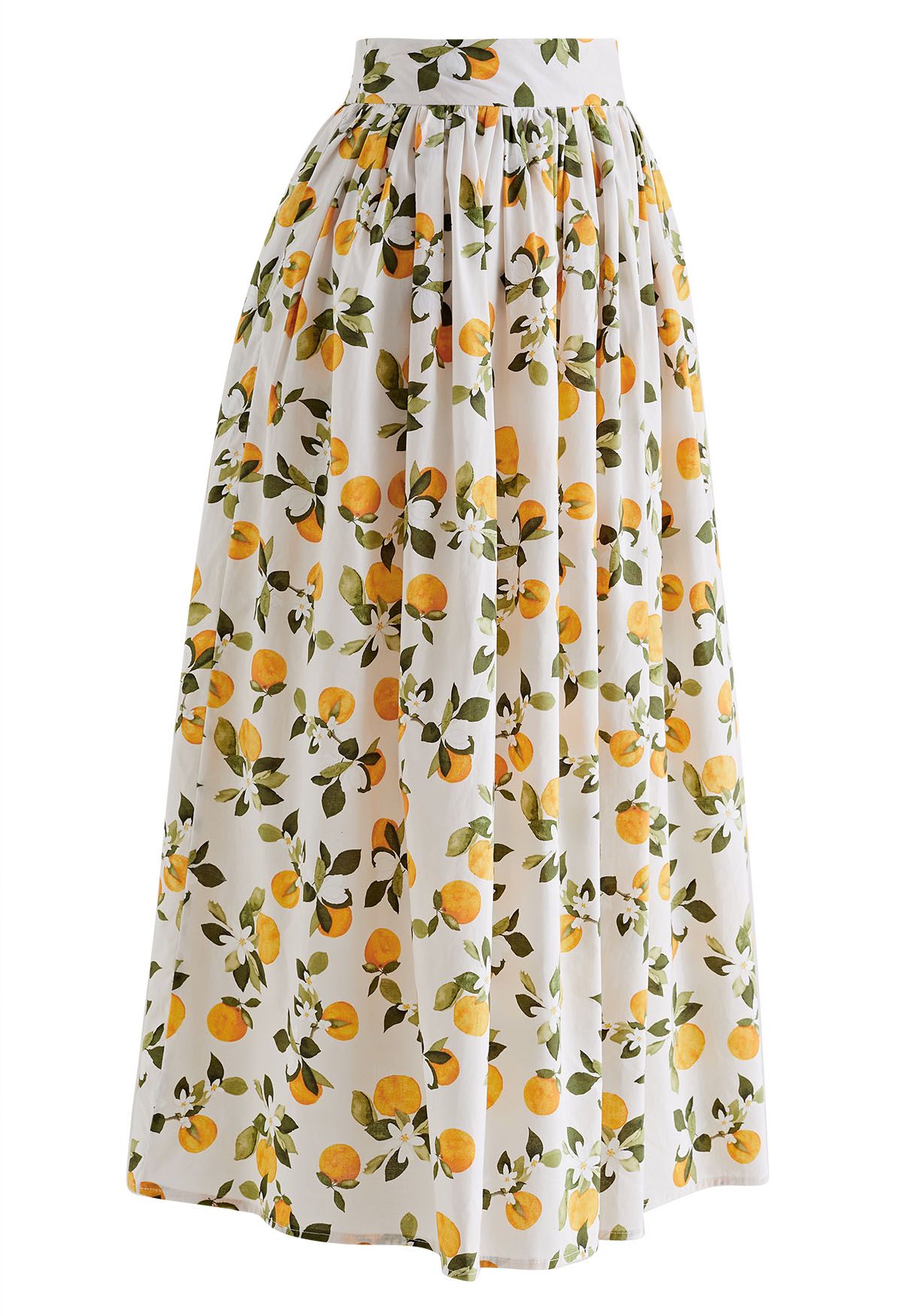 Women Citrus Bloom Ivory Lemon Floral Printed Maxi Skirt