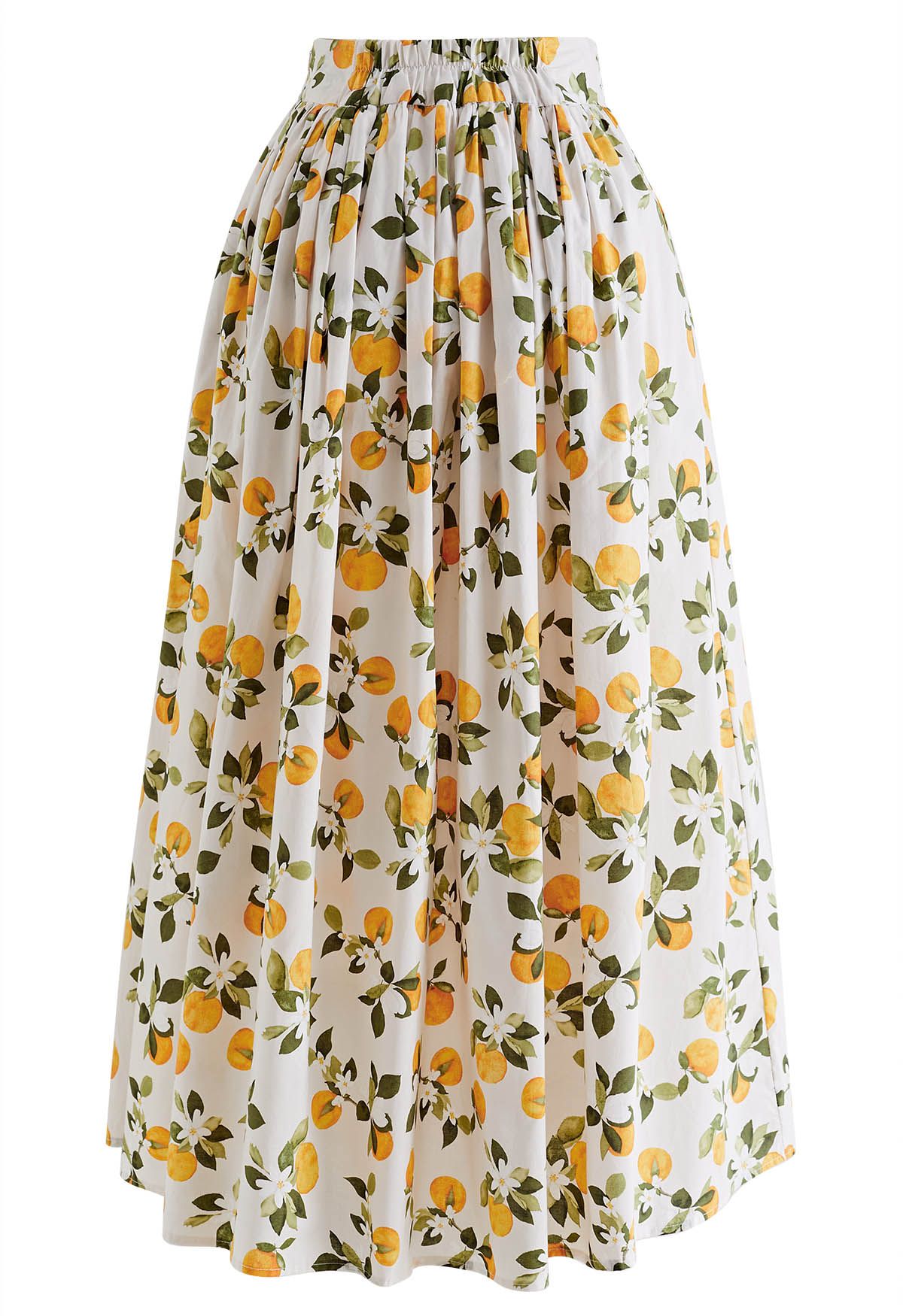 Women Citrus Bloom Ivory Lemon Floral Printed Maxi Skirt
