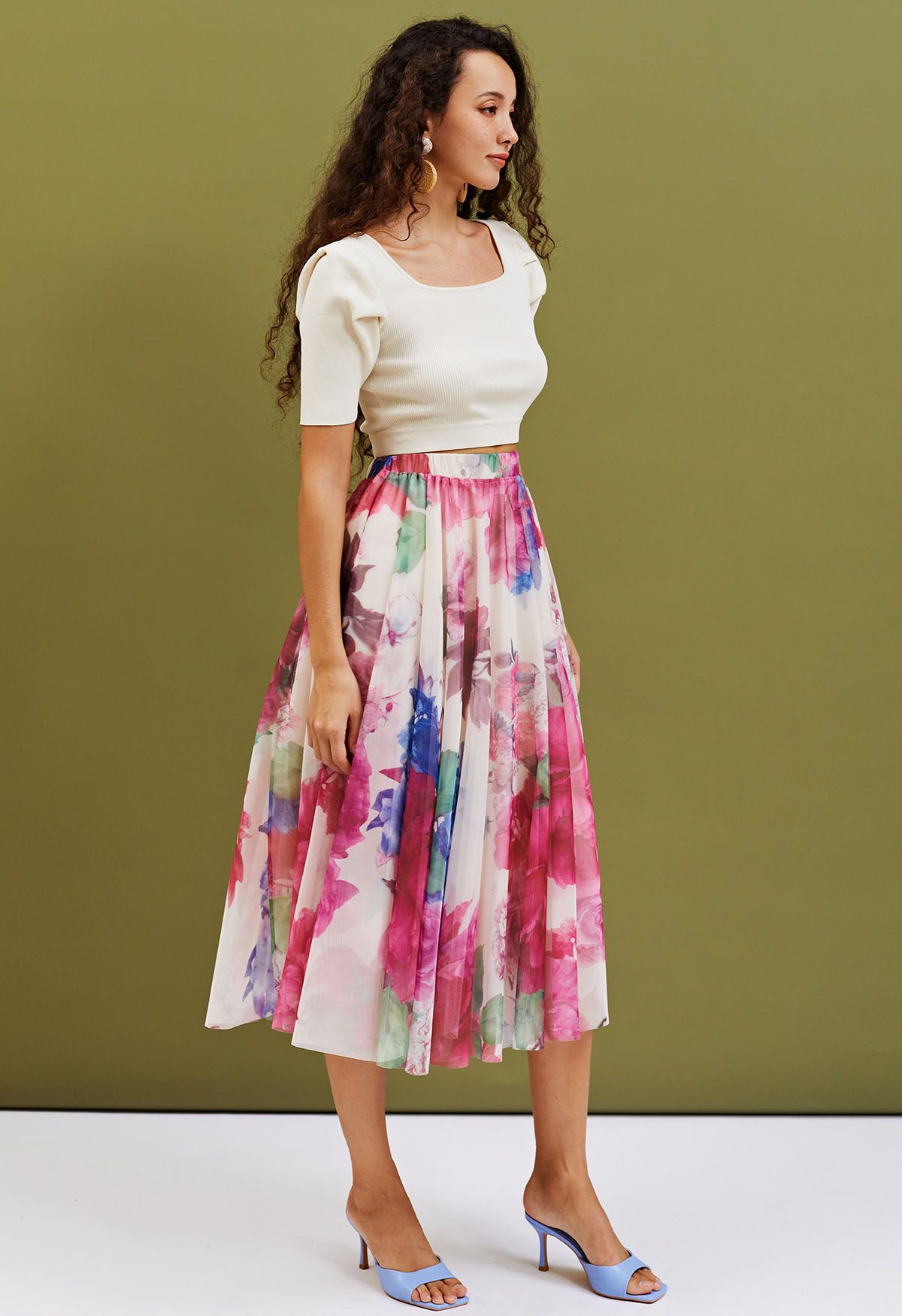 Luxury Women’s Multicolor Floral Print Mesh Midi Skirt with High Waist Elastic Band Soft Sheer Overlay and Elegant A Line Flow for Party Casual & Occasion Wear